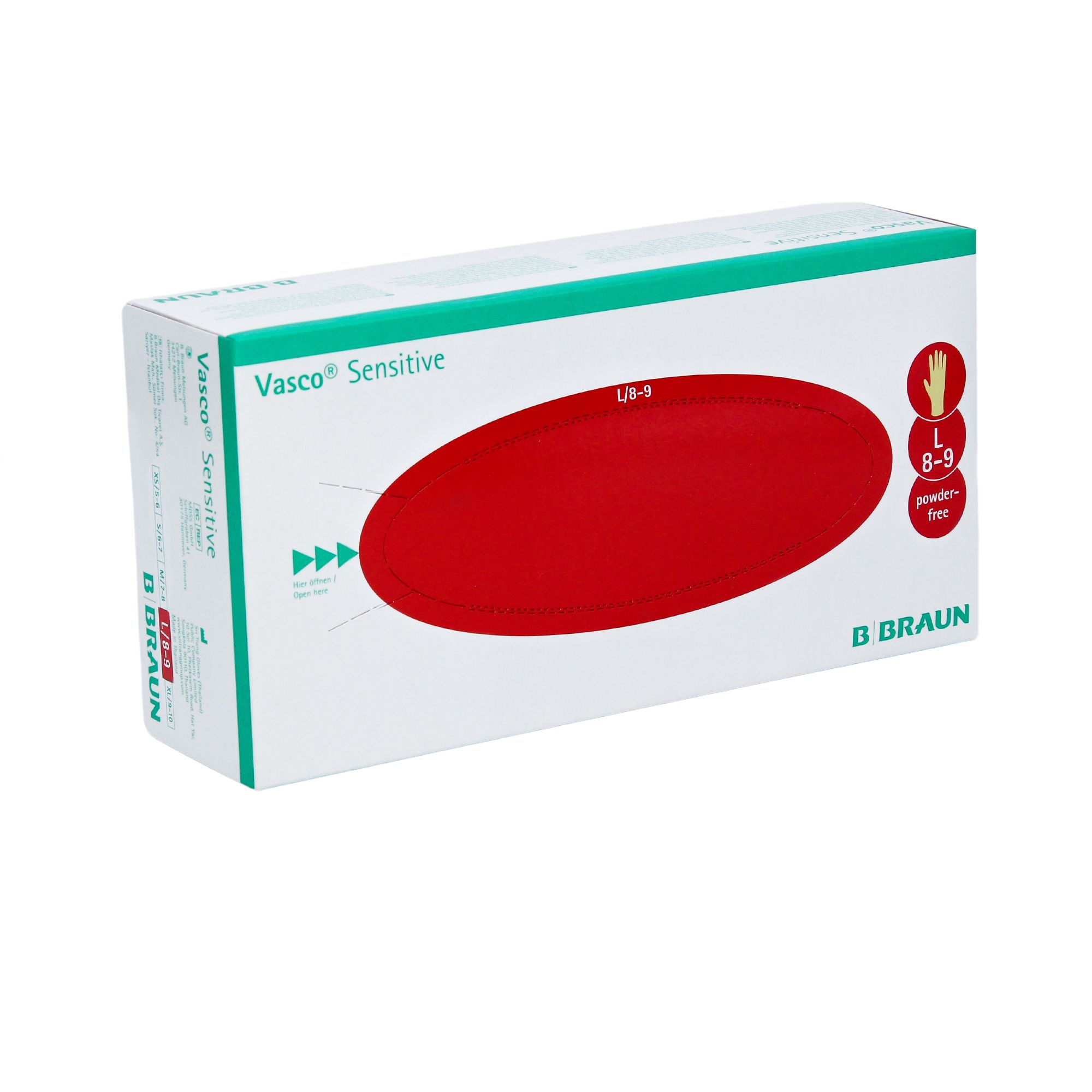 Verpackung von B. Braun Vasco® Sensitive Latex-Untersuchungshandschuhen. Weißer Karton mit rotem Oval. Text: Vasco Sensitive, L 8-9, powder-free.