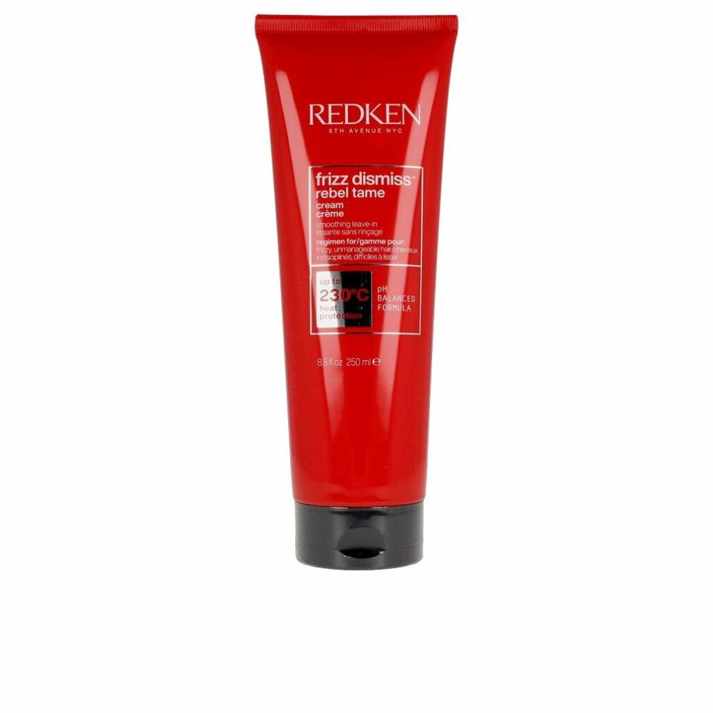 Rote Tube mit schwarzem Deckel. Aufschrift: Redken Frizz Dismiss Rebel Tame. 230°C Hitzeschutz.