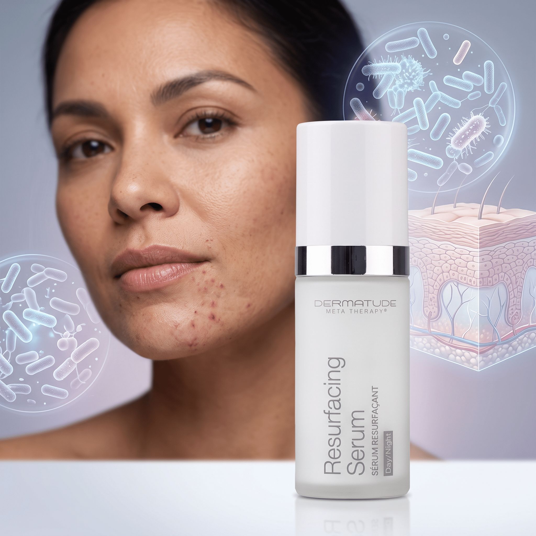 Ein Spender mit "Resurfacing Serum" steht neben einer Frau mit Hautunreinheiten. Mikroskopische Darstellungen von Hautschichten und Bakterien sind sichtbar.