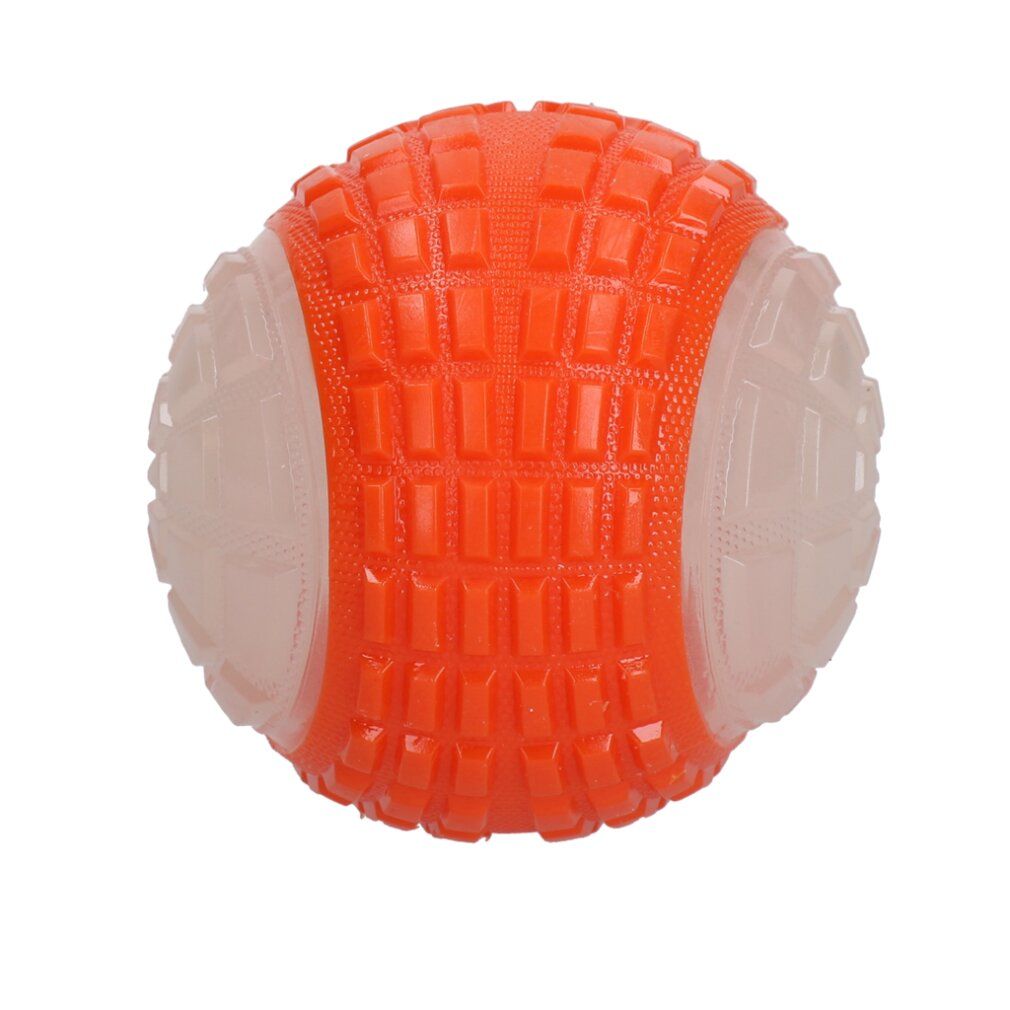 Orangefarbener Ball mit weißem, durchscheinendem Bereich. Oberfläche mit quadratischen Mustern. Für Hunde.