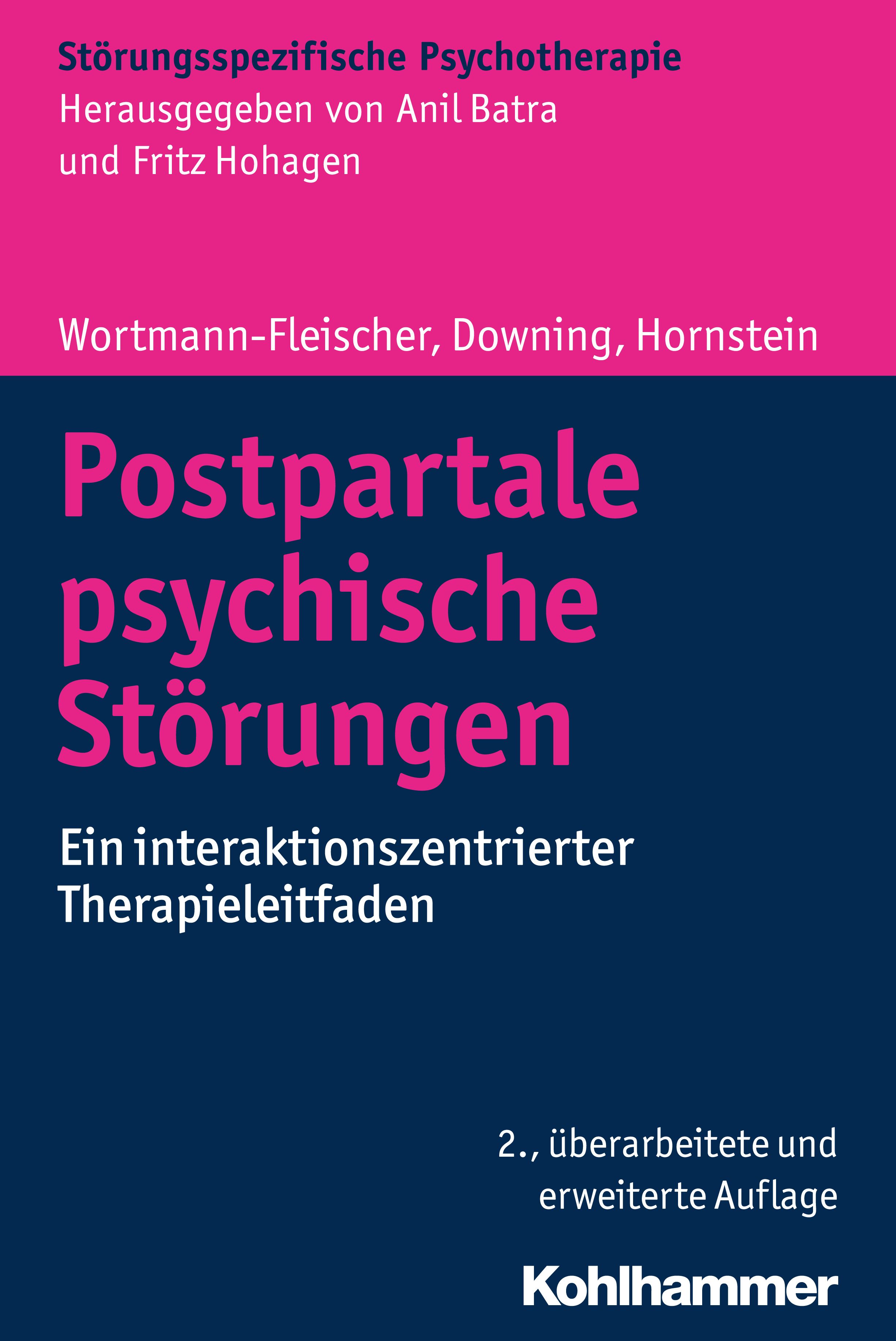 Buchcover: Postpartale psychische Störungen. Titel in Pink auf blauem Hintergrund. Herausgeber: Anil Batra und Fritz Hohagen.