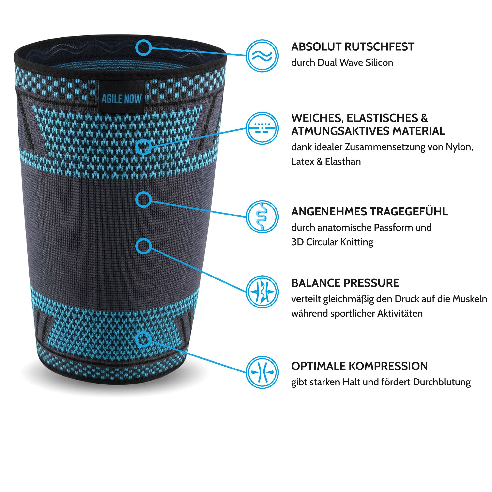 Oberschenkelbandage. Schwarz-blaues Textil. Anatomische Passform. Dual Wave Silicon. Atmungsaktiv. Optimale Kompression.