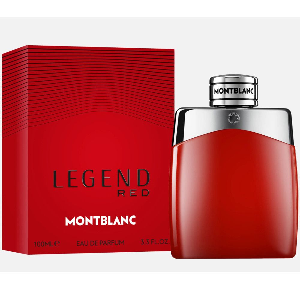 Roter Flakon und Verpackung. Flakon mit silberner Kappe. Aufschrift: LEGEND RED, MONTBLANC. 100ml, 3.3 FL.OZ.