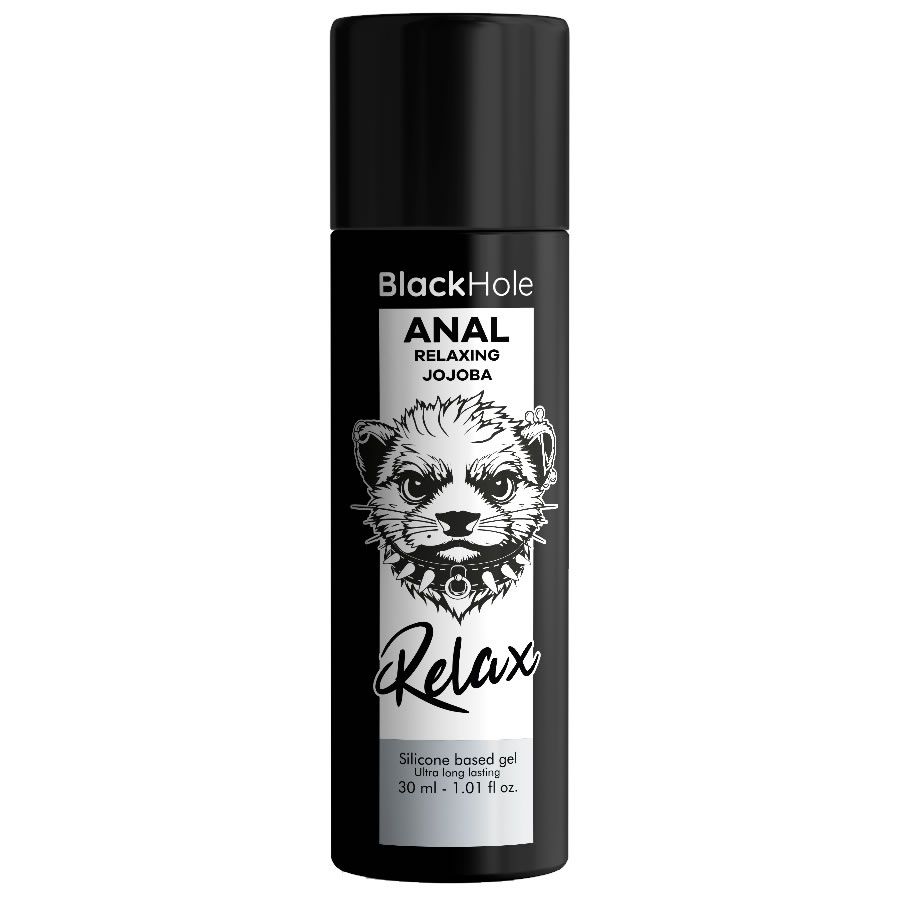 Schwarze Flasche mit Aufschrift Black Hole, Anal, Relaxing Jojoba. Abbildung eines Tiergesichts. Text: Relax, Silicone based gel.
