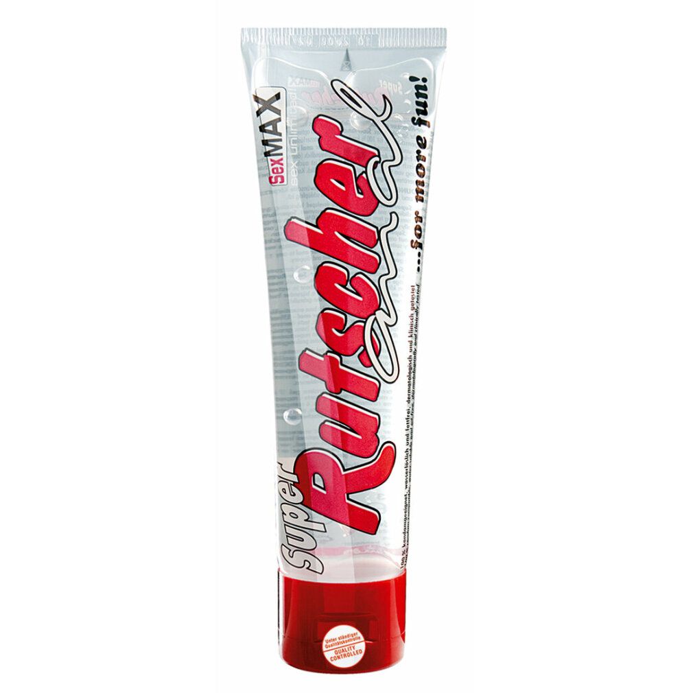 Transparente Tube mit rotem Verschluss. Aufdruck: SexMAX, Super Rutscher, roter Schriftzug. Text: ...for more fun!