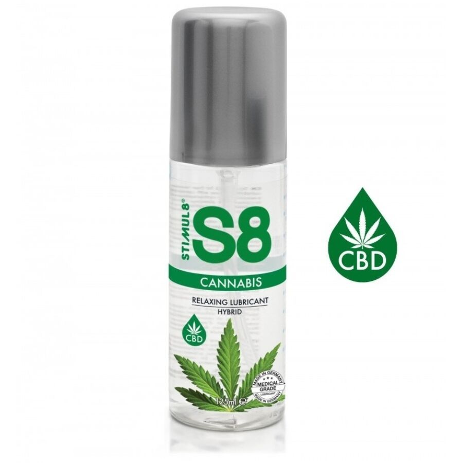 Zylindrische Flasche mit silbernem Deckel. Aufschrift: S8, Cannabis, CBD. Grünes Cannabis-Blatt-Logo. Made in Germany.
