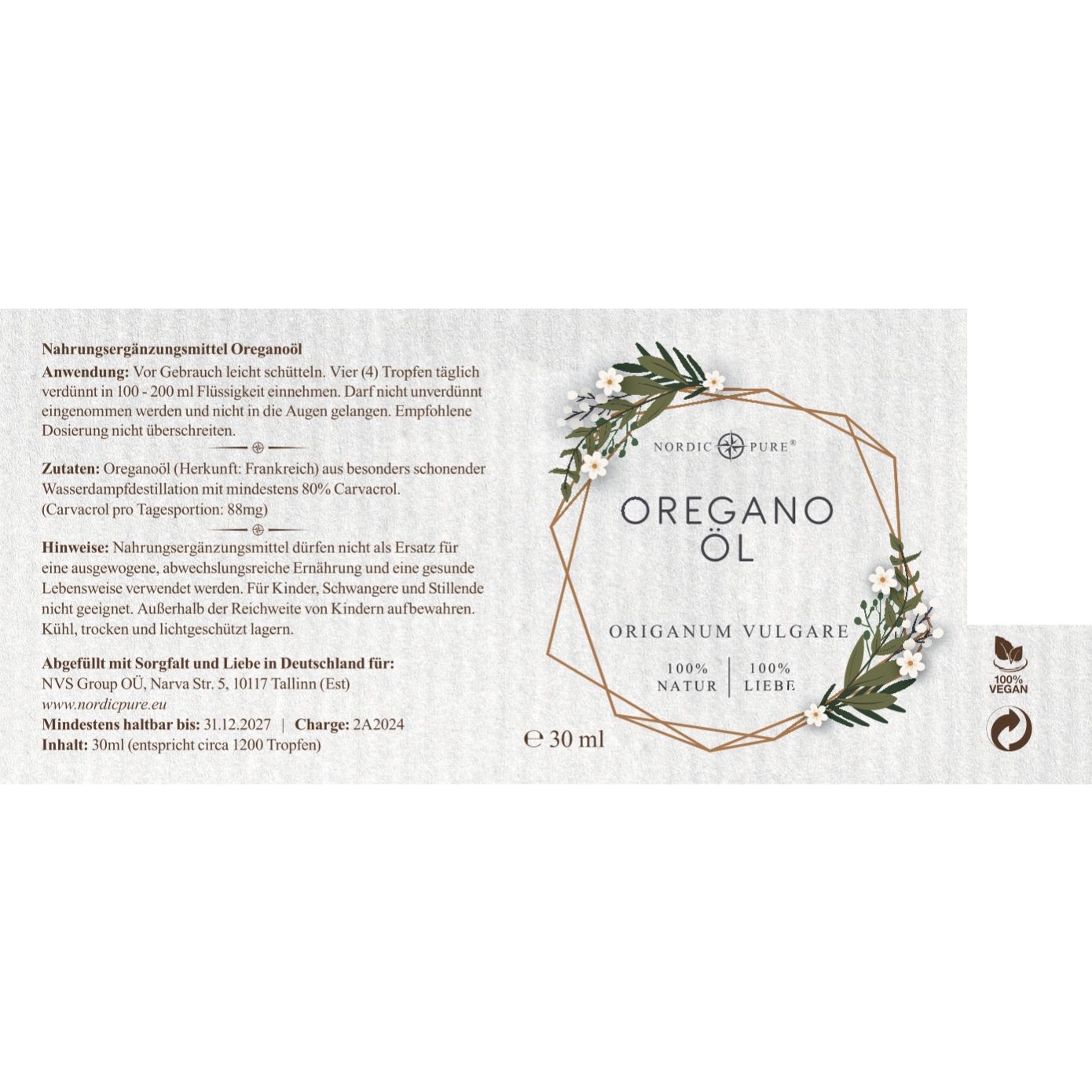 Etikett mit Produktinformationen. Nordic Pure Oreganoöl, 30 ml. Enthält 80% Carvacrol. Vegan-Siegel.