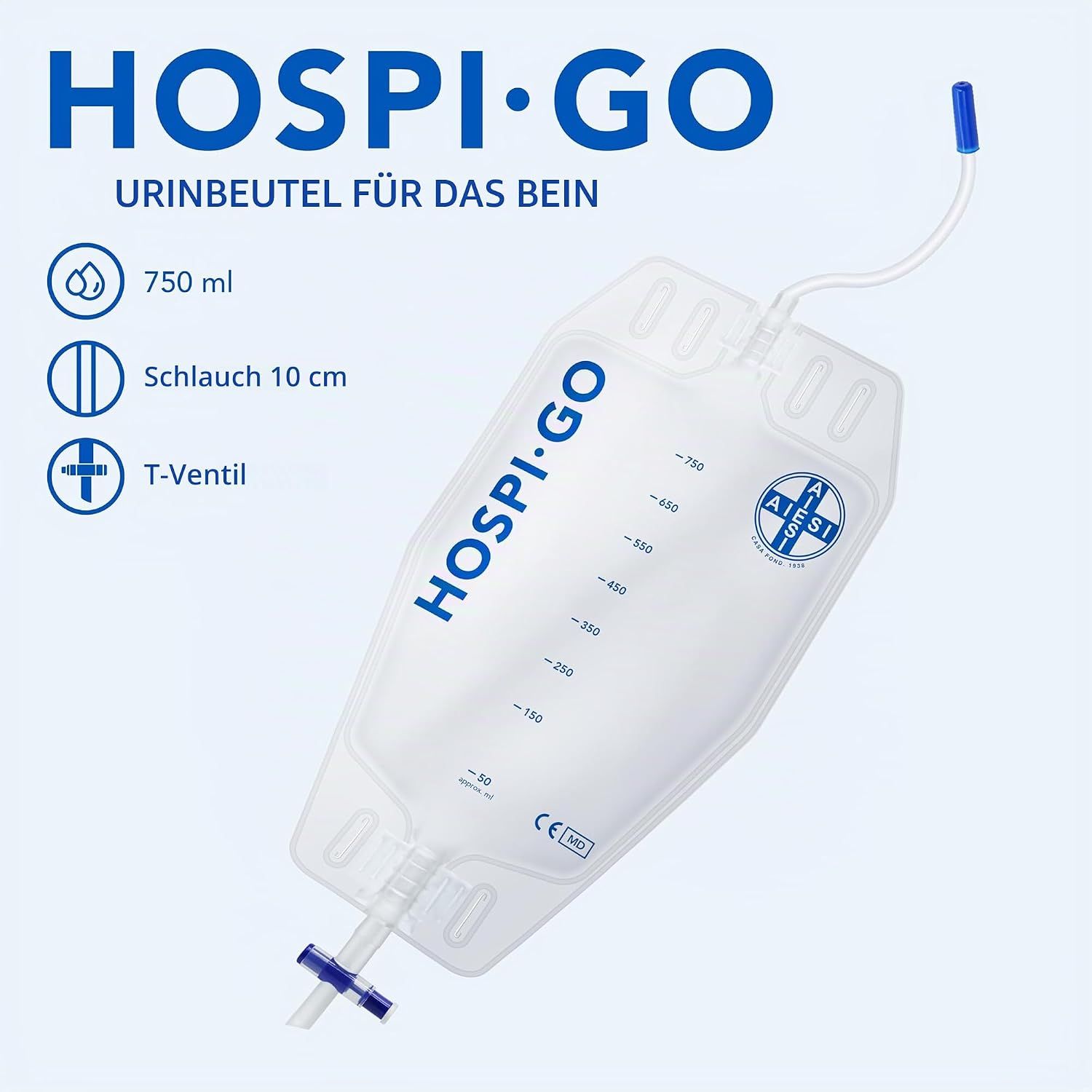 Hospibag Urinbeutel für das Bein, 750 ml, 10 cm Schlauch, T-Ventil.