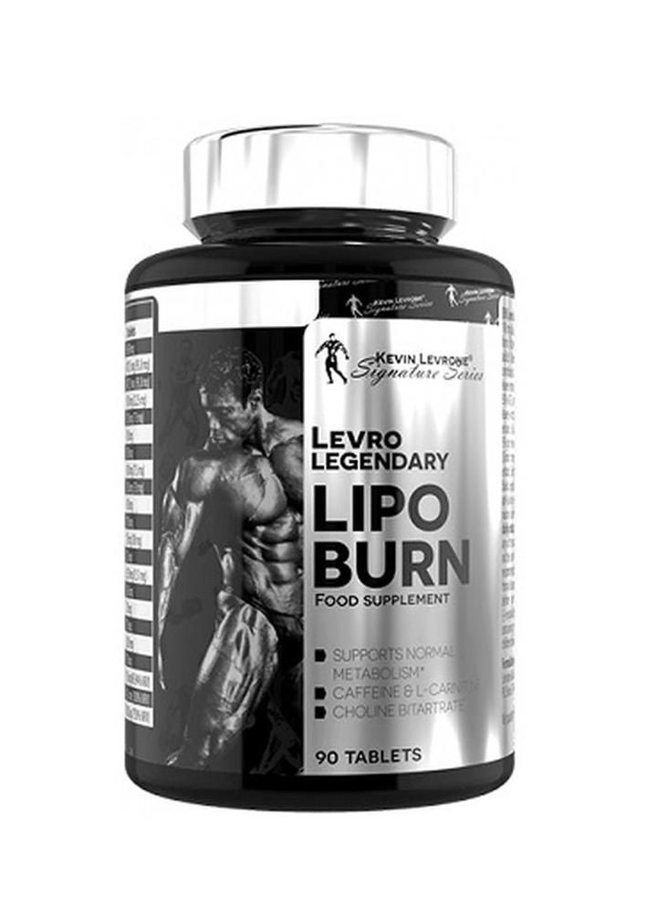 Schwarze Flasche mit silbernem Deckel. Aufschrift: LIPO BURN, 90 Tabletten. Enthält Koffein und L-Carnitin. Marke: Kevin Levrone.