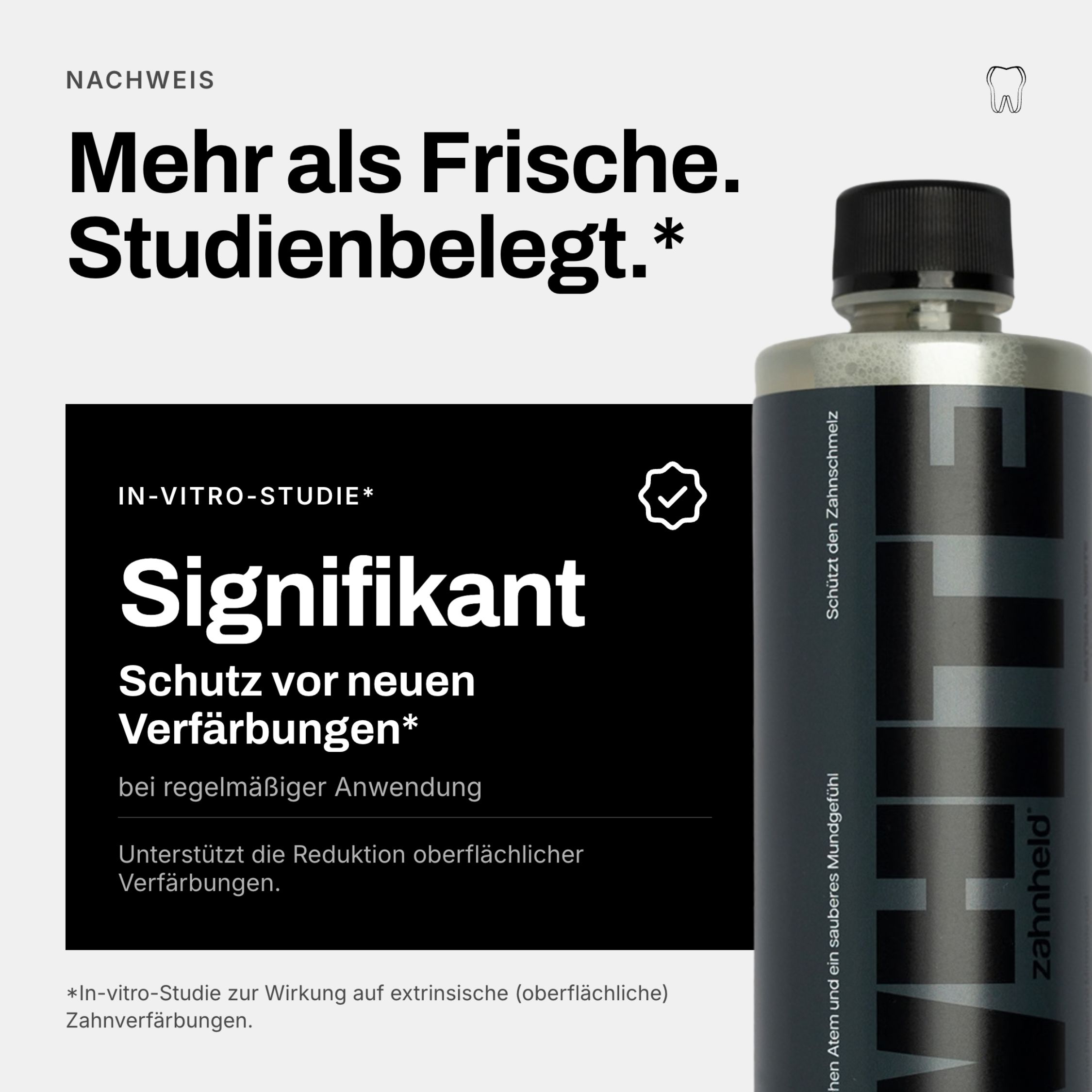 Flasche Zahnheld Mundspülung Mint. In-vitro-Studie zeigt Schutz vor neuen Verfärbungen.