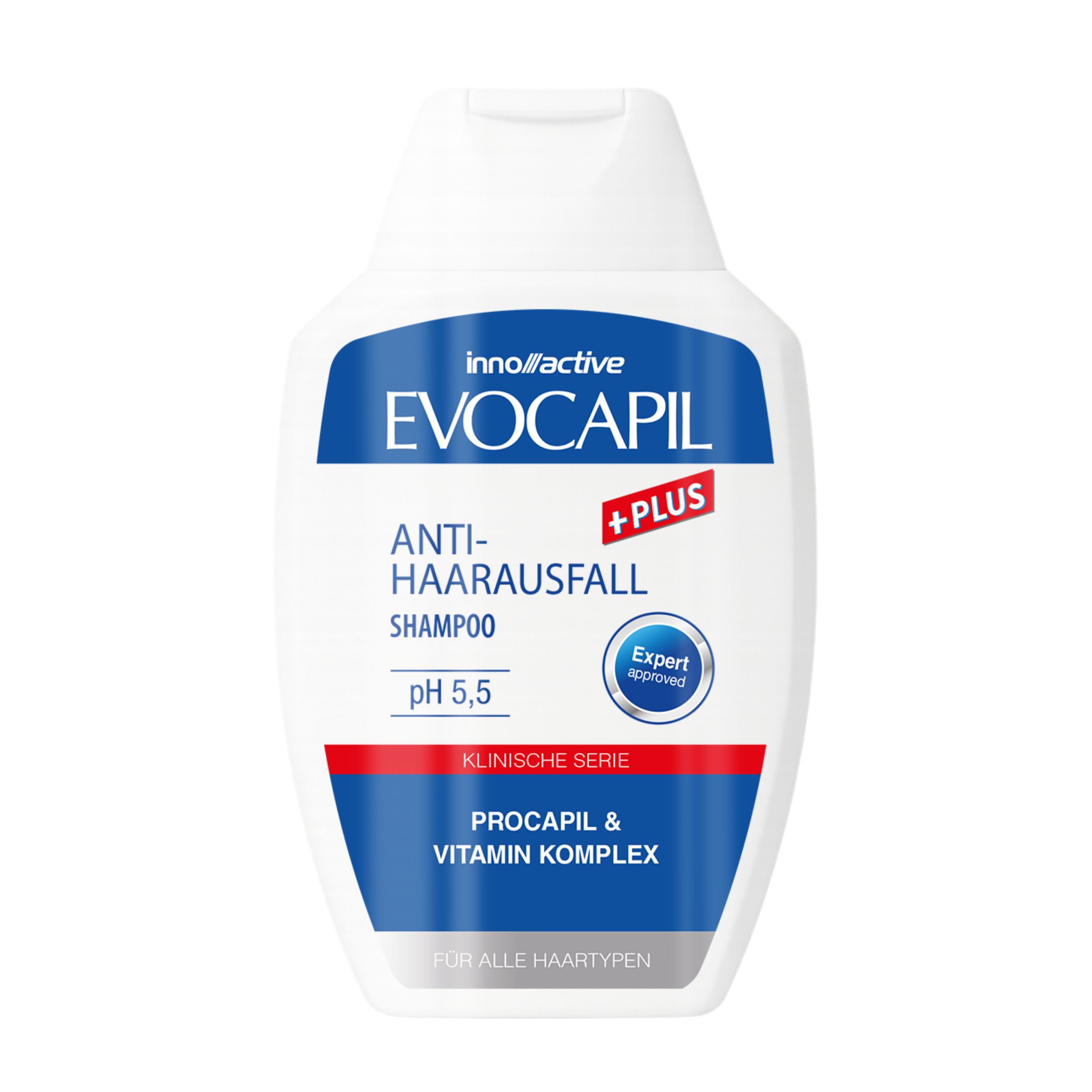 Weiße Flasche Evocapil Plus Anti-Haarausfall Shampoo. Blaue und rote Beschriftung. pH 5,5. Expert Approved.