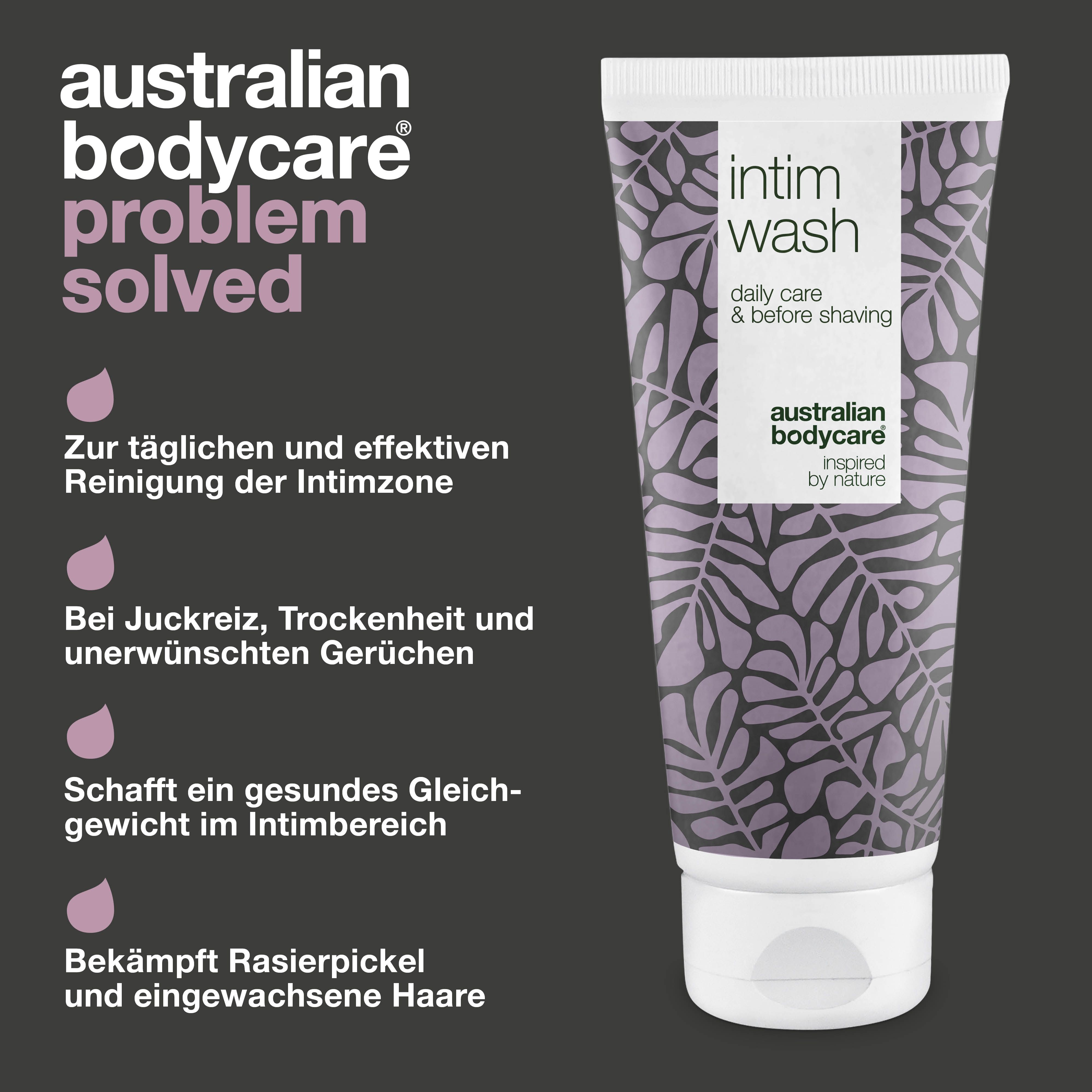 Grafik: Problem gelöst. Intimwaschmittel-Tube. Text: Zur täglichen Reinigung, bei Juckreiz, schafft Gleichgewicht, bekämpft Rasierpickel.