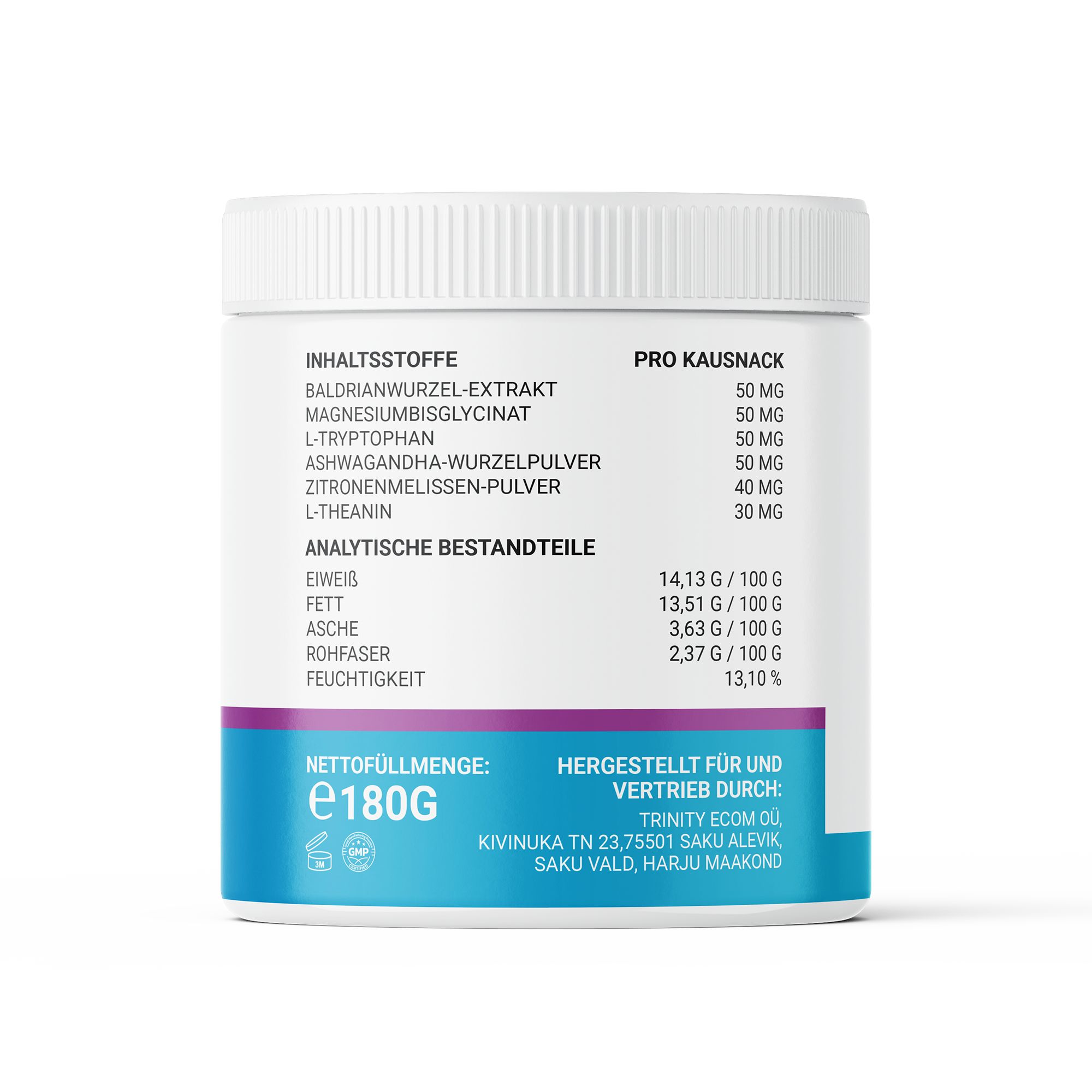 Hundefutter: Inhaltsstoffe pro Kausnack: Baldrianwurzelextrakt, Magnesiumbisglycinat, L-Tryptophan. Analytische Bestandteile.