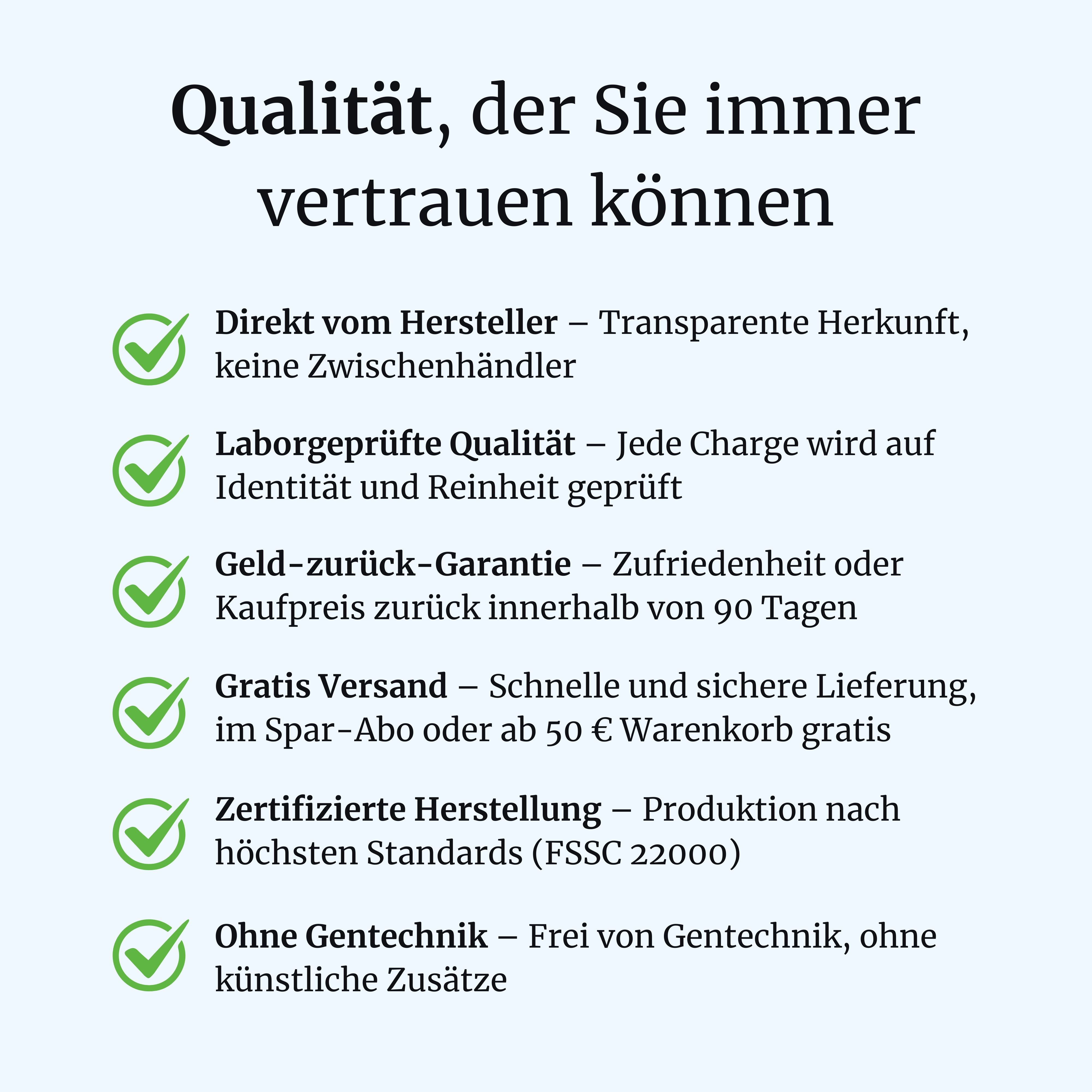 Liste von Qualitätsmerkmalen für CardioVia®: Herkunft, Laborprüfung, Garantie, Versand, Herstellung, Gentechnik.