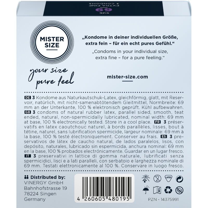 Rückseite der Verpackung von Mister Size 69 Extra Fine Kondomen. Produktinformationen und Herstellerangaben.