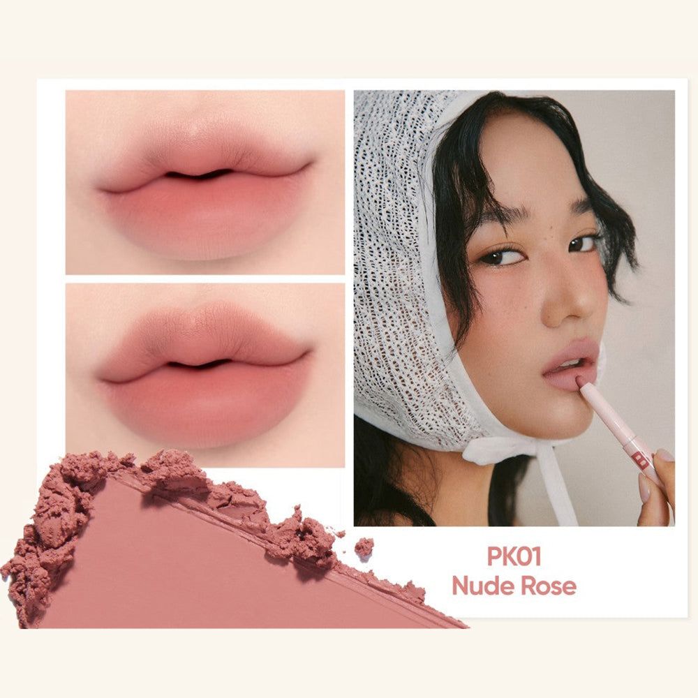 Lippenstift PK01 Nude Rose auf Lippen und als Farbabstrich.