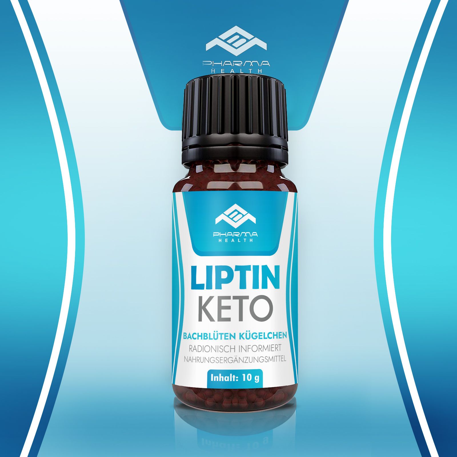 Braune Glasflasche mit schwarzem Deckel. Aufkleber mit "Pharma Health", "Liptin Keto" und weiteren Texten. Hintergrund blau.