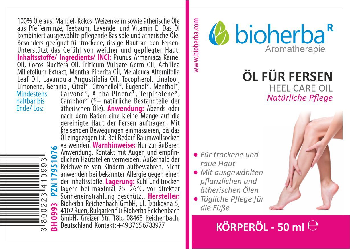 Etikett mit Produktname, Logo und Abbildung von Füßen. Text: Körperöl, 50 ml. Inhaltsstoffe und Anwendungshinweise.