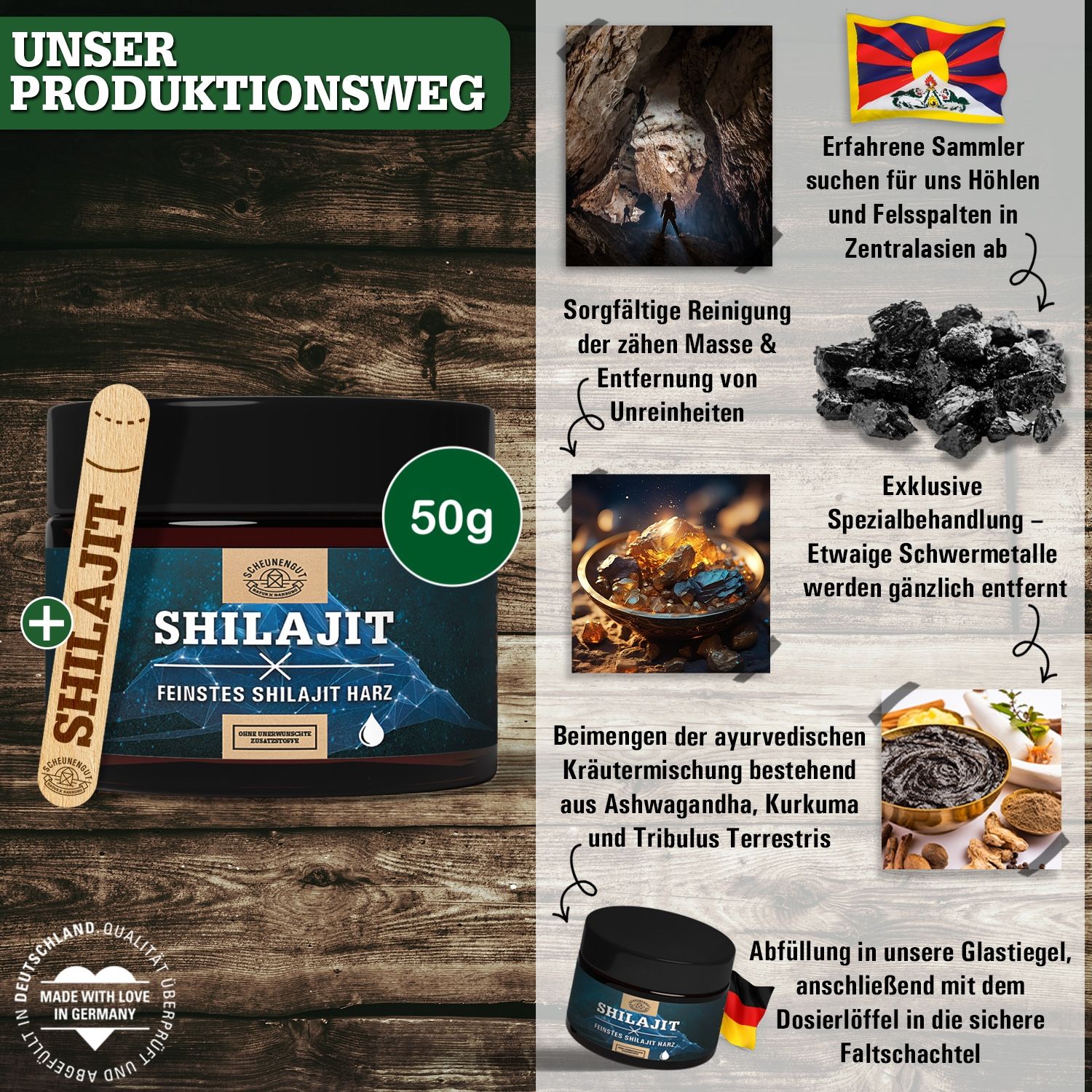 Scheunengut Shilajit Harz 50g im Glastiegel mit Dosierlöffel, umgeben von Produktionsdetails.