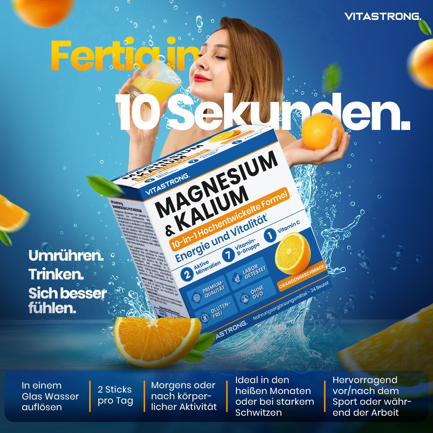Vitastrong Magnesium & Kalium Packung. Frau trinkt. 10-in-1 Formel. Orange-Geschmack. 2 Sticks pro Tag. In Wasser auflösen.