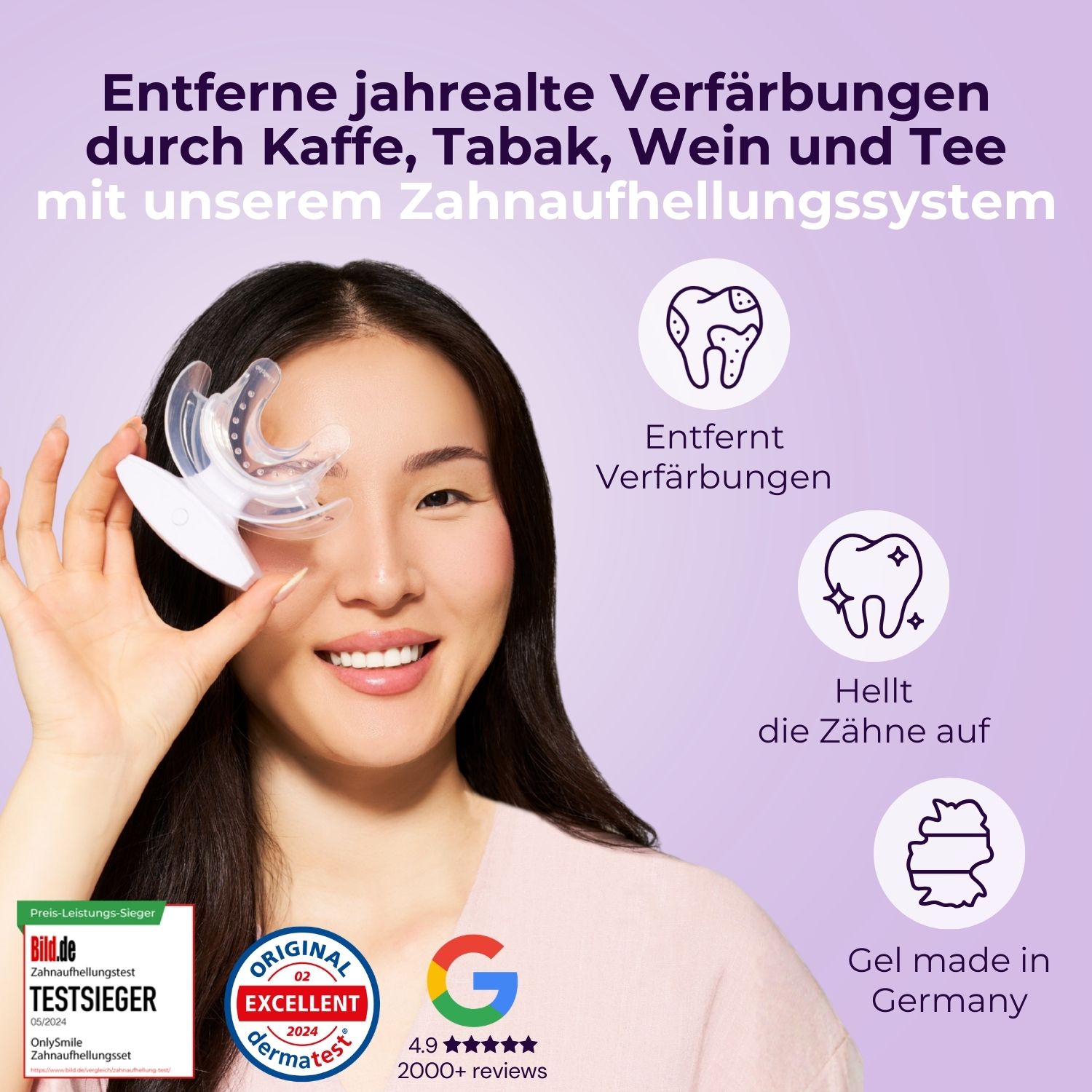 Frau hält Mundschiene. Text: Entfernt Verfärbungen durch Kaffee, Tabak, Wein und Tee. Original Dermatest. Gel made in Germany.