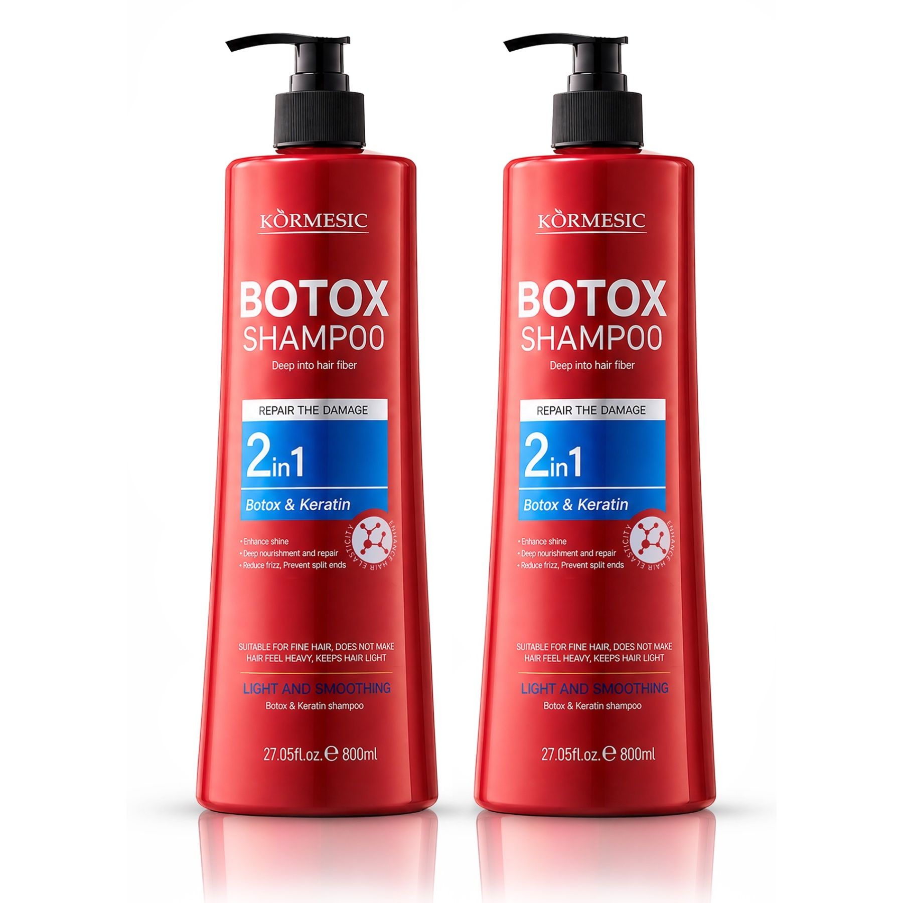 Zwei rote Pumpflaschen Kormesic Botox Shampoo, 800ml.