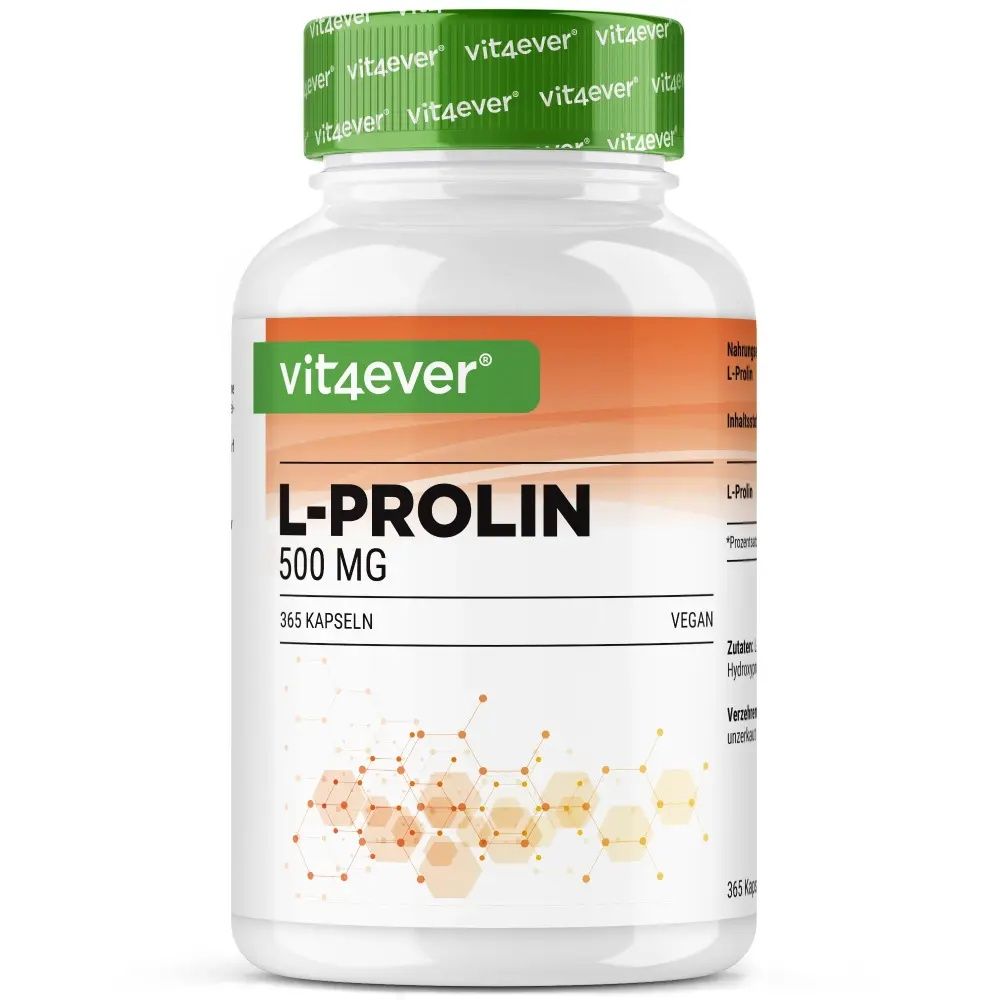 Vit4ever L-Prolin, 365 Kapseln. Weiße Flasche mit grünem Deckel. Text: L-Prolin 500 mg, vegan. Braune und orangefarbene Elemente.