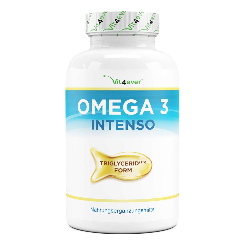 Weiße Flasche mit blauem Etikett. Aufschrift: Omega 3 Intenso, Triglycerid Form. Marke: Vit4ever.