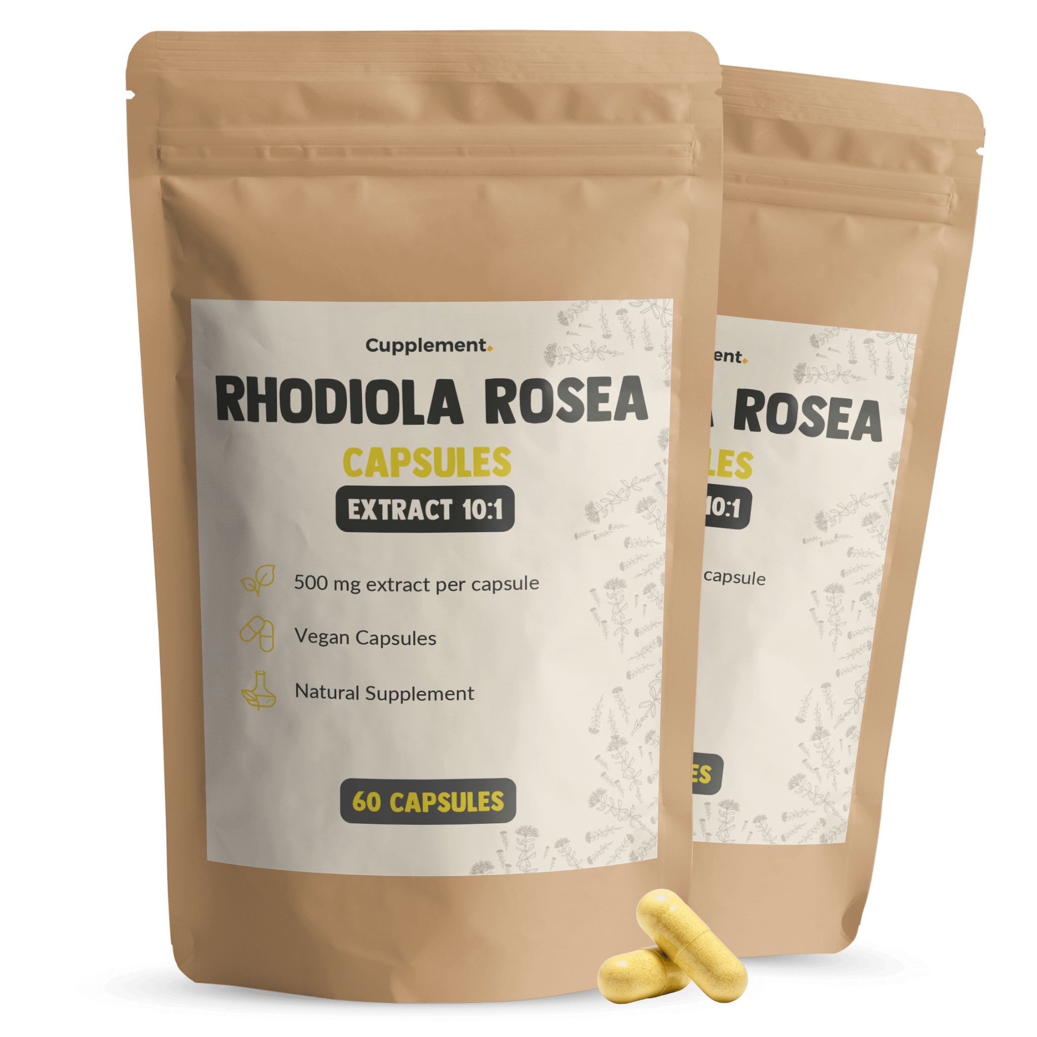Zwei Beutel Cupplement Rhodiola Rosea Kapseln. Aufschrift: Rhodiola Rosea, 60 Kapseln, 500 mg Extrakt.