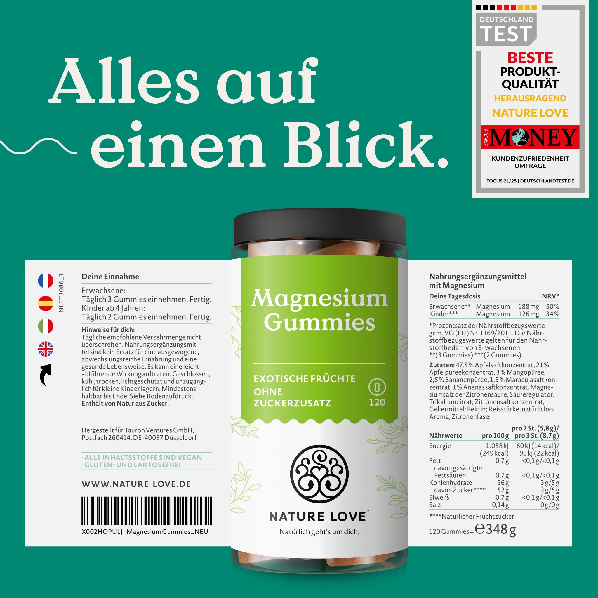 Dose mit Magnesium Gummies, exotische Früchte, ohne Zuckerzusatz. Etiketten mit Nährwertangaben.