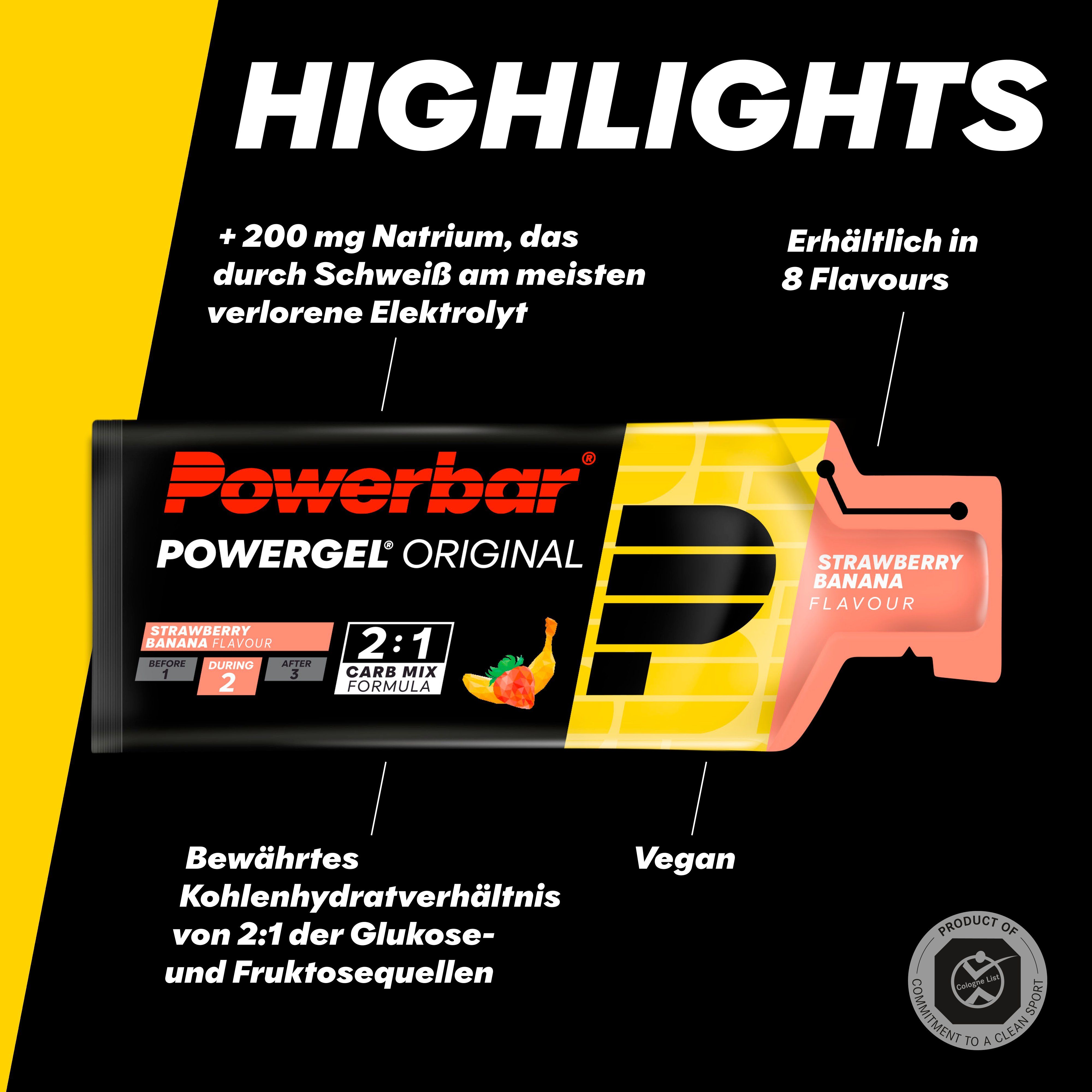 PowerGel-Verpackung mit Erdbeer-Banane-Geschmack. Gelb, schwarz und rosa. 2:1 Carb Mix Formula. Vegan.