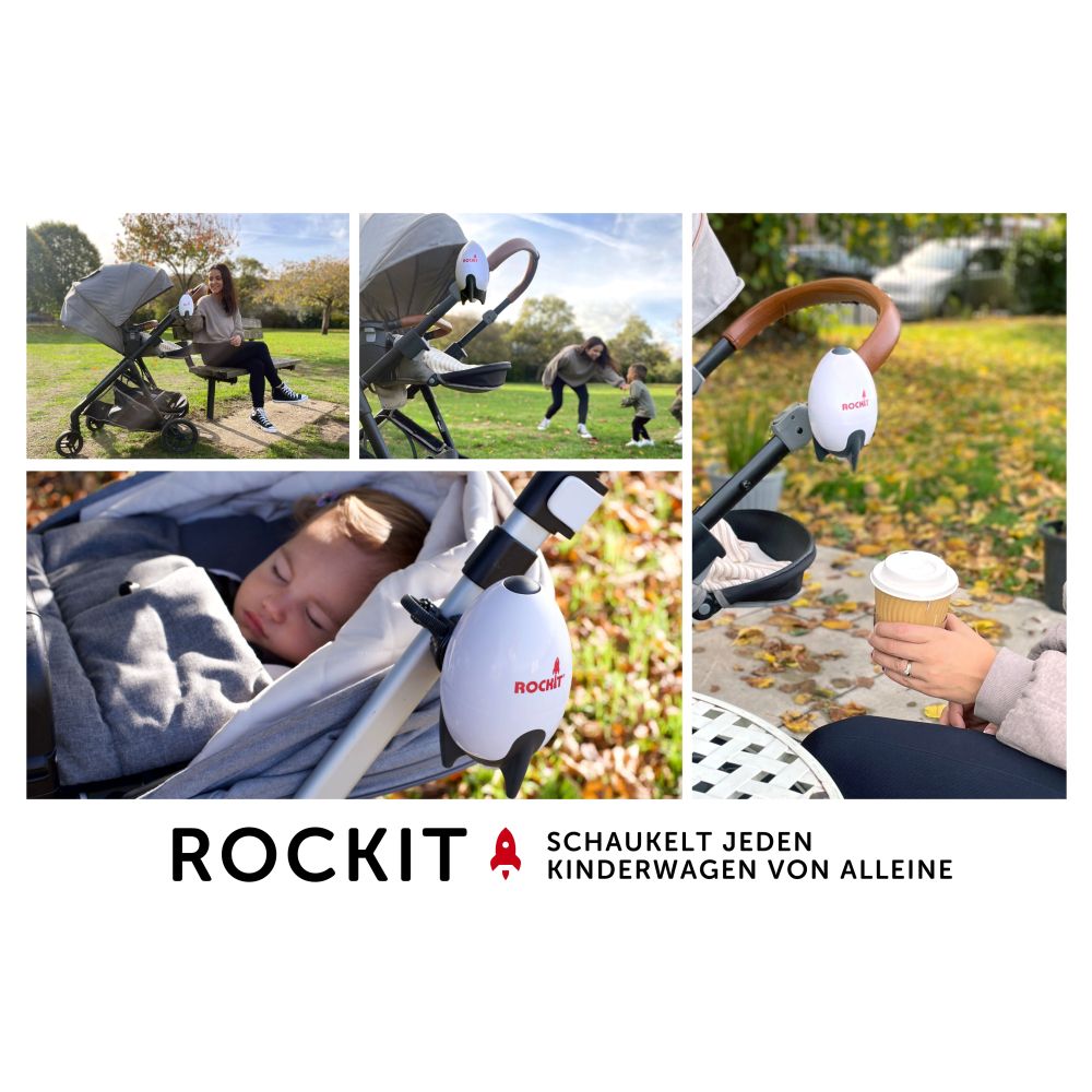 Mehrere Bilder zeigen den Rockit Rocker an Kinderwagen in verschiedenen Umgebungen. Der Rockit ist weiß mit schwarzen Elementen.