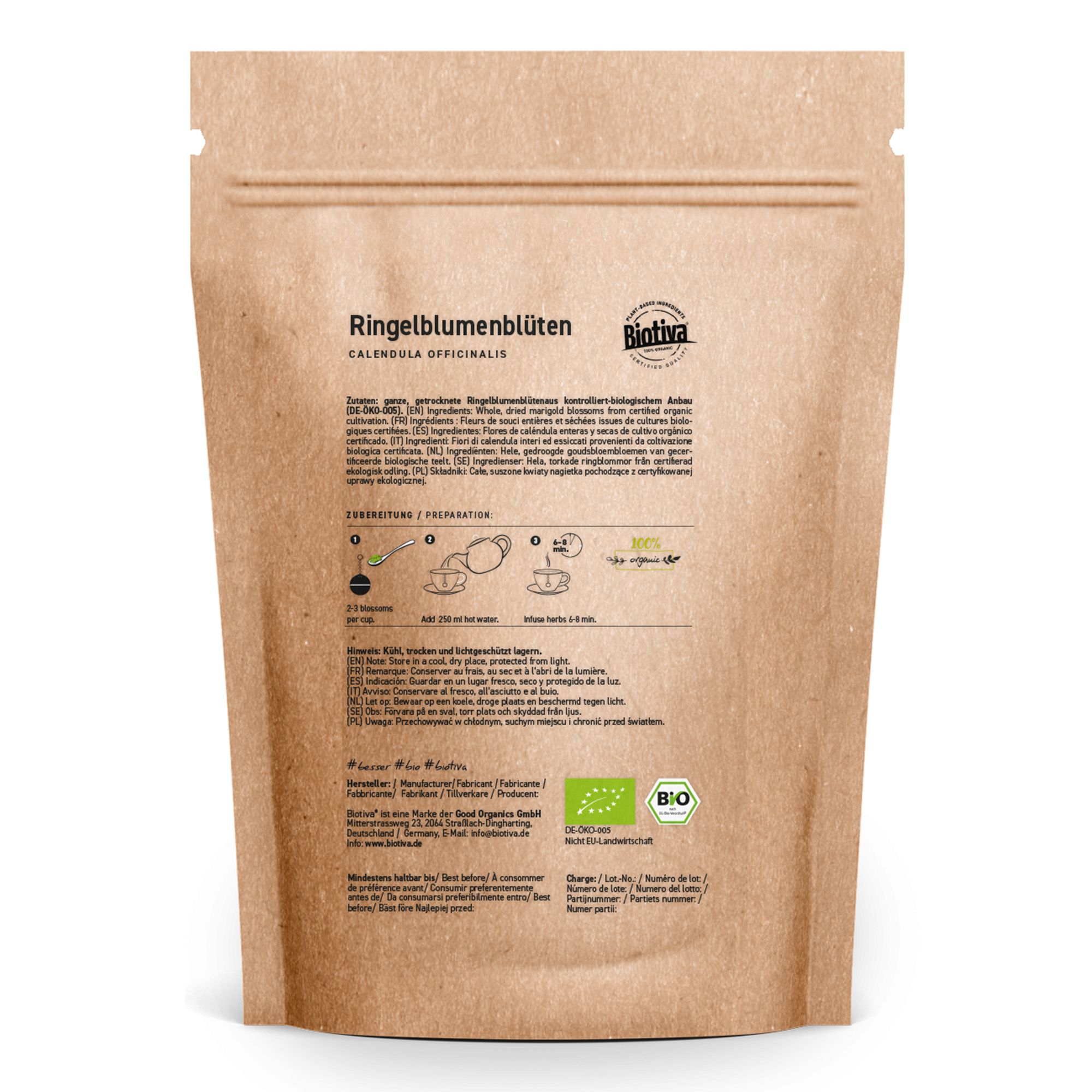 Rückseite der Biotiva Ringelblumenblüten Tee Bio Tüte mit Zubereitungshinweisen und Bio-Siegel.