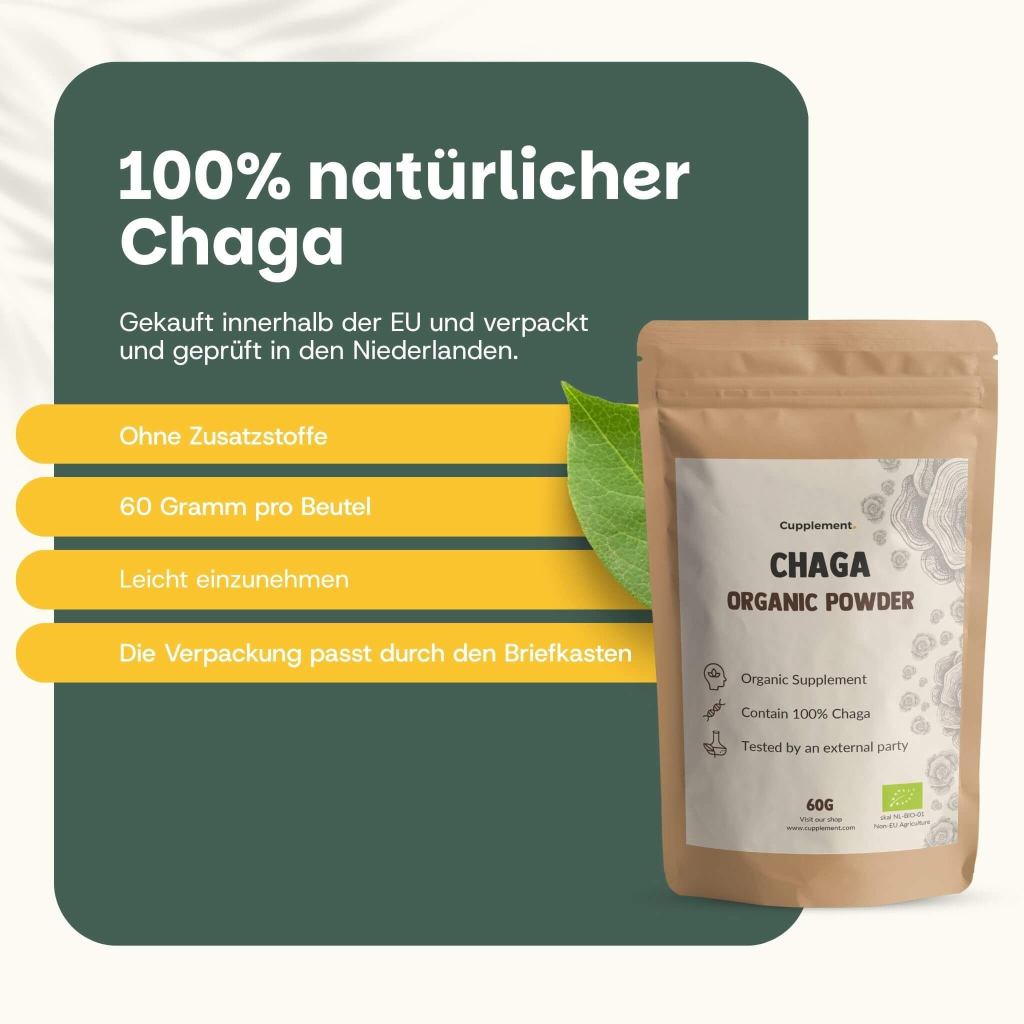 Schüssel mit Chaga-Stücken. Text: Für tägliche Widerstandsfähigkeit. Hergestellt aus hochwertigem Chaga. Inklusive Messlöffel.