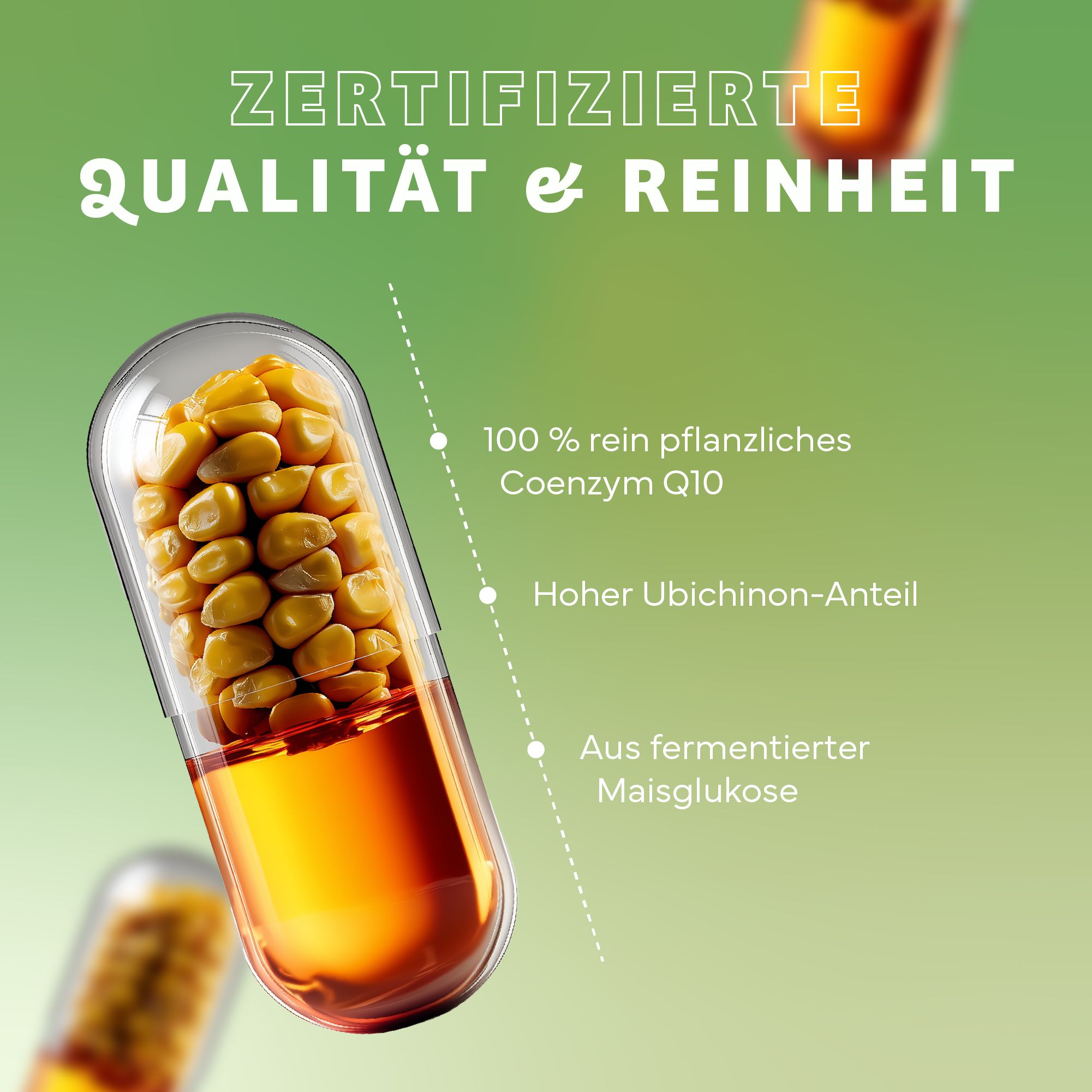 Kapsel mit gelber Flüssigkeit und Maiskörnern. Zertifizierte Qualität & Reinheit. 100% rein pflanzliches Coenzym Q10. Hoher Ubichinon-Anteil.