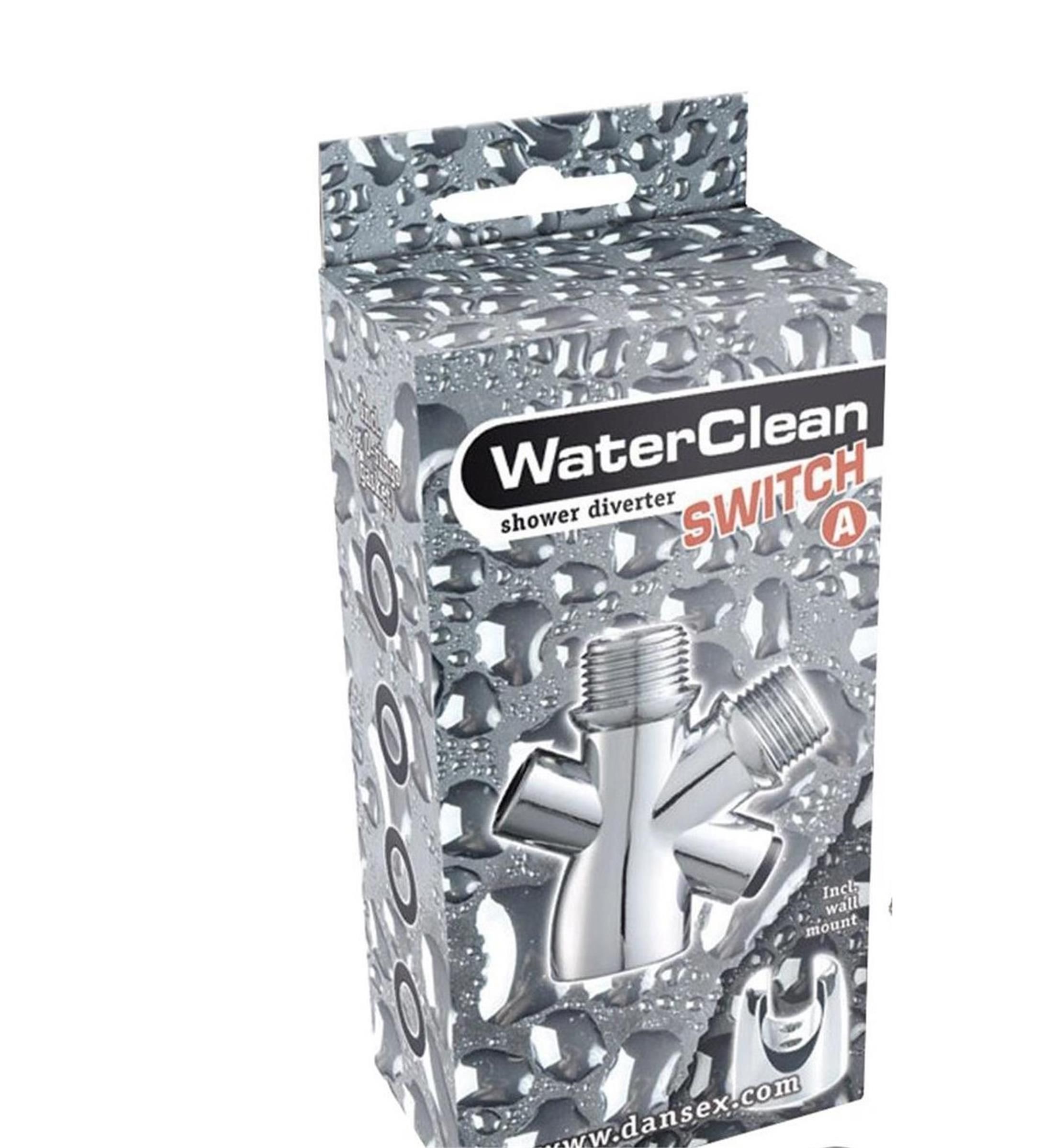 Verchromter Duschumsteller WaterClean Switch in Verpackung. Aufdruck: WaterClean, Switch, A. Verpackung mit Wassertropfen-Muster.