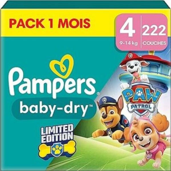 Pampers Baby-Dry Windeln, Größe 4, 222 Stück, 9-14 kg, Limited Edition mit Paw Patrol Motiv.