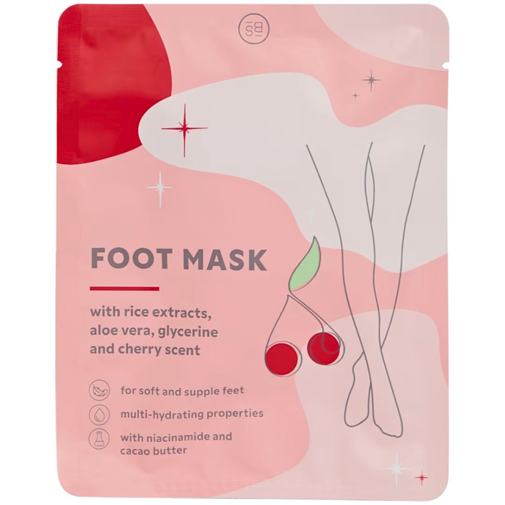 Fußmaske mit Kirschduft. Weiße Verpackung mit Illustration von Füßen und Kirschen. Text: Foot Mask.