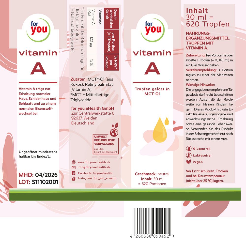 Ausgeklappte Verpackung mit Aufschrift: for you Vitamin A Tropfen. Rosa Etikett mit gelben Tropfen. Enthält Informationen und Inhaltsstoffe.