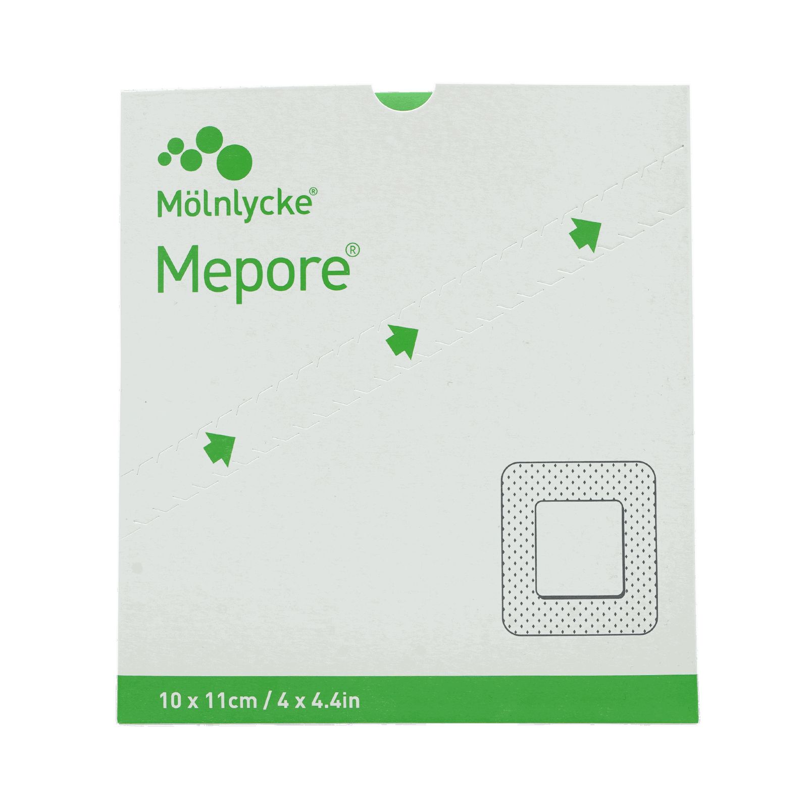 Verpackung von Mepore Wundverband. Quadratische Form mit grünem Rand. Logo und Produktname deutlich sichtbar. Größe: 10x11 cm.