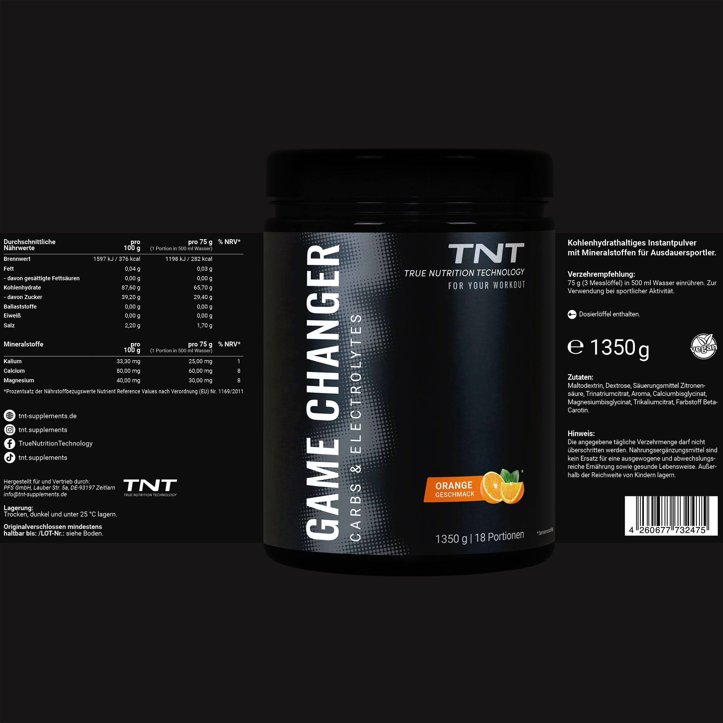 Schwarze Dose TNT Game Changer mit Nährwertangaben. Text: 1350g, 18 Portionen, Orange.