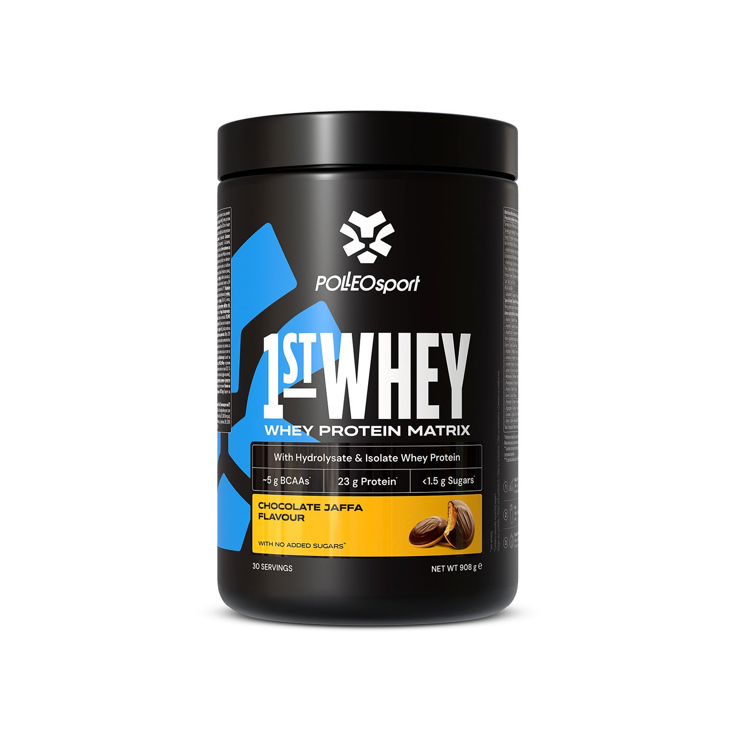 Schwarze Dose "1ST:WHEY" mit Logo. Schokoladen-Jaffa-Geschmack. Enthält 23g Protein. 30 Portionen.