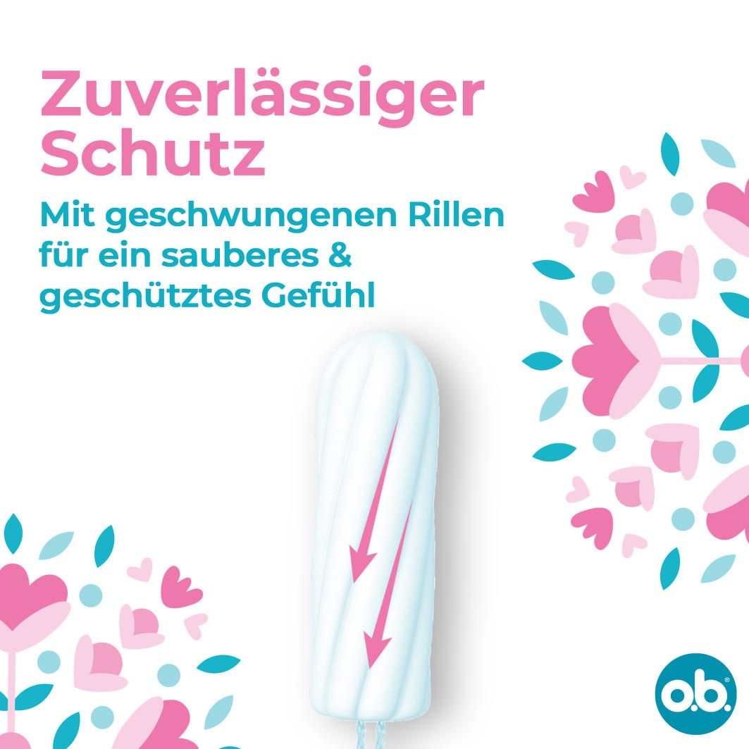 Tampon mit Text: StayDry Technologie. Mit floralem Muster und Logo o.b..