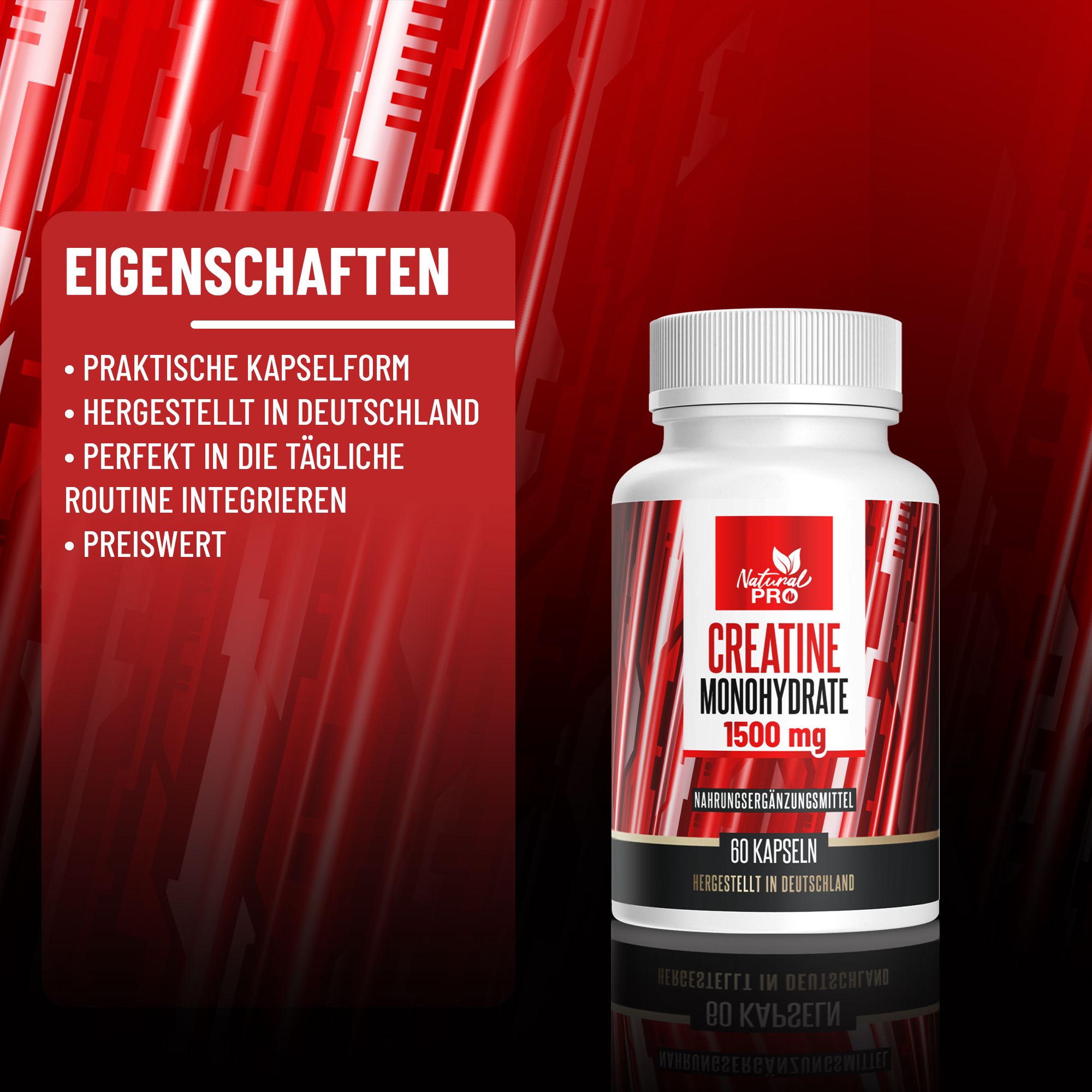 Weiße Flasche mit rotem Etikett. Aufschrift: Natural Pro, Creatine Monohydrate 1500 mg, 60 Kapseln. Eigenschaften aufgelistet.