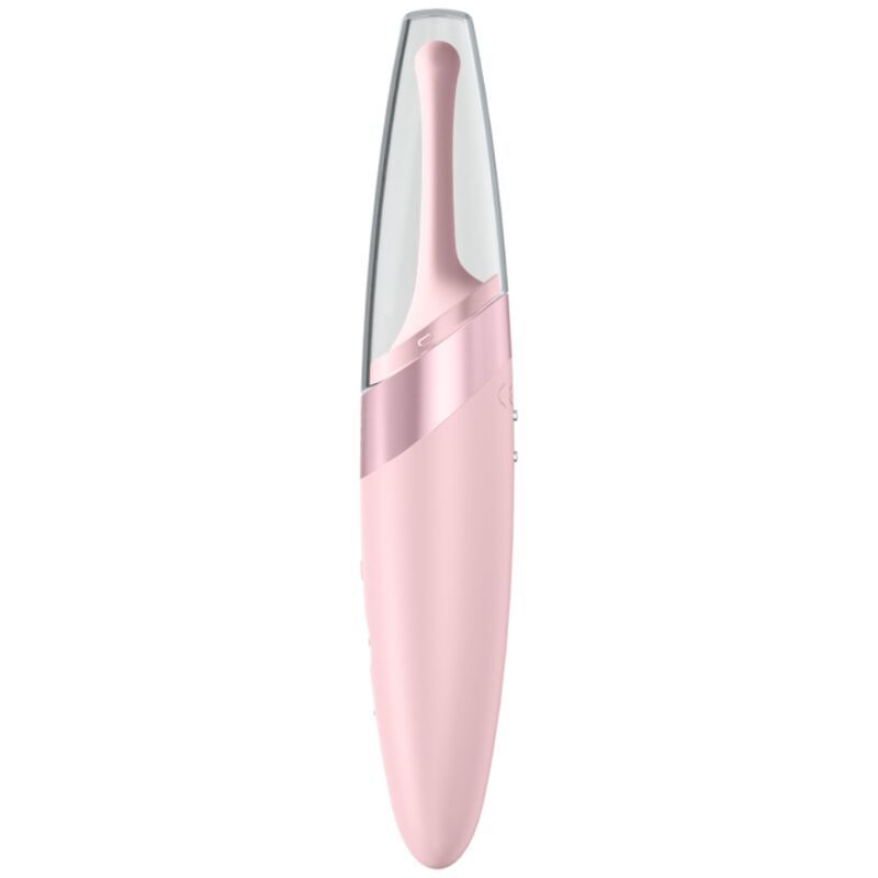 Rosa Vibrator mit abgerundeter Form und transparenter Spitze. Details in Roségold.