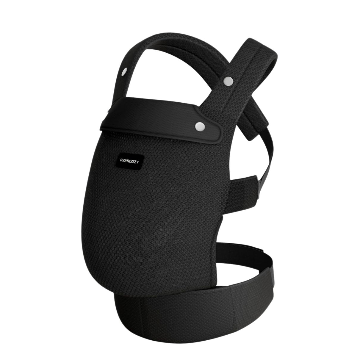 Schwarze Babytrage Momcozy. Mesh-Gewebe. Schultergurte, Hüftgurt. Faltbares Nackenpolster. Logo Momcozy. Perspektivische Ansicht.
