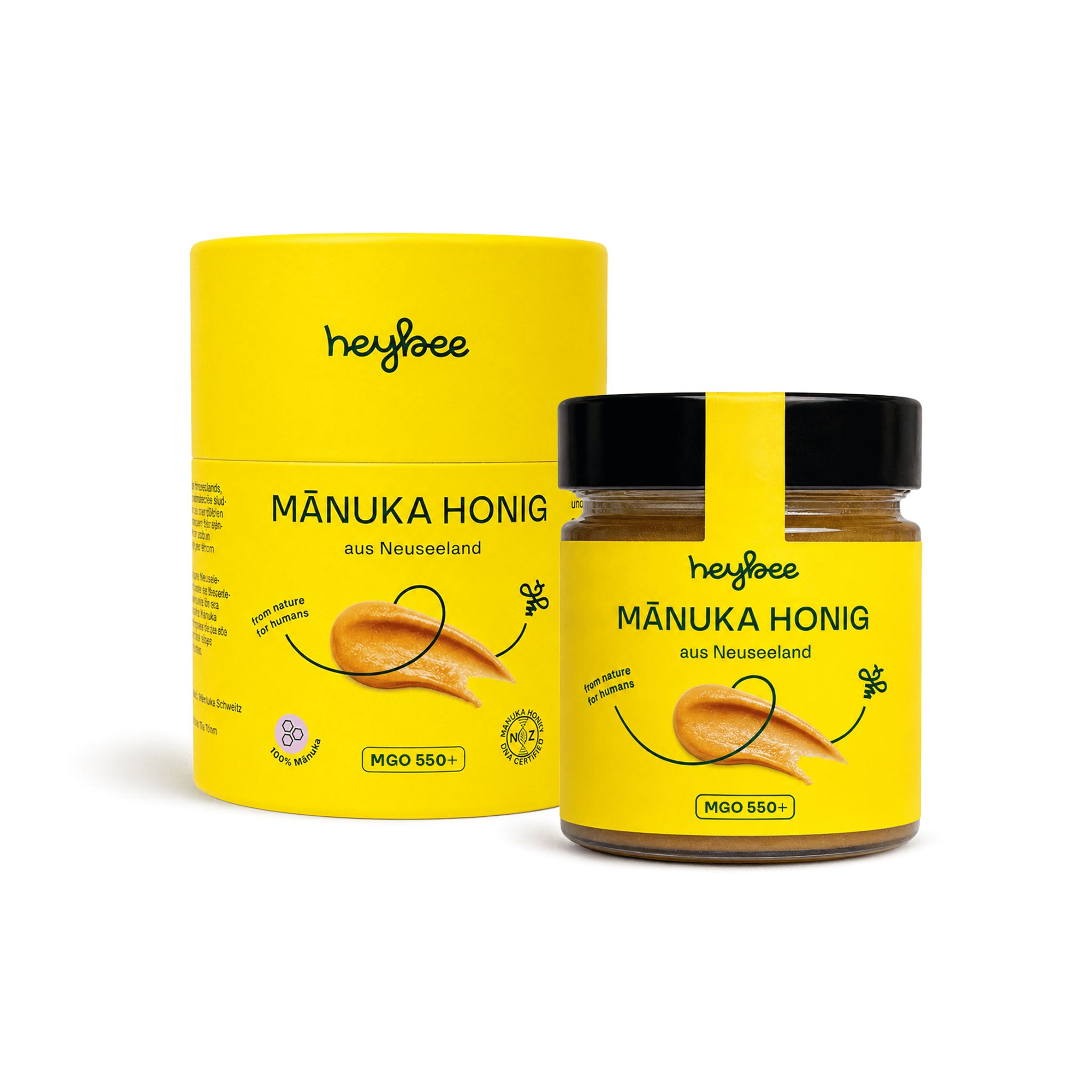 Glas und Röhrenverpackung Manuka Honig MGO 550+ von heybee.