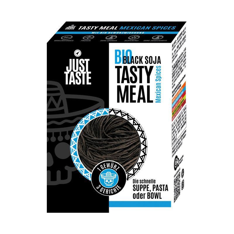 Verpackung von Just Taste Tasty Meal. Enthält schwarze Soja-Nudeln mit mexikanischen Gewürzen. Text: Bio, Suppe, Pasta oder Bowl.