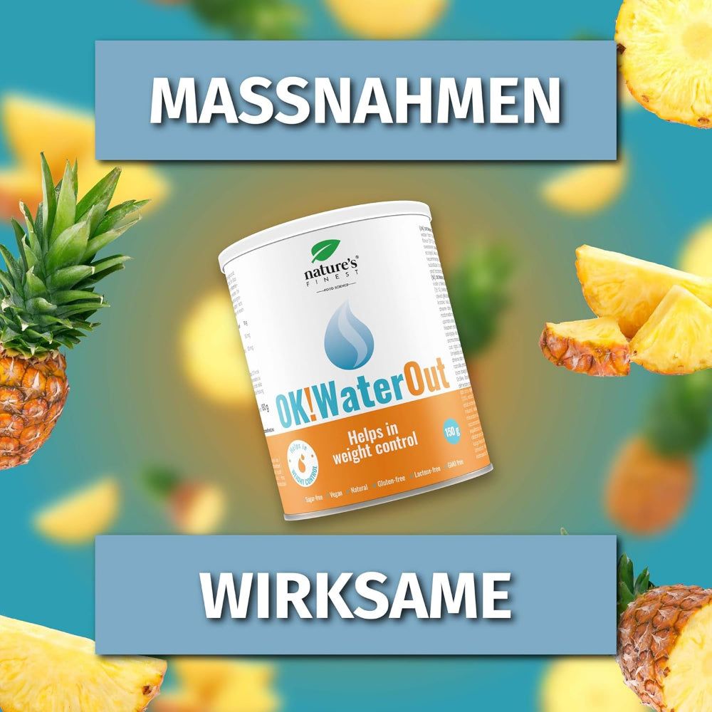 Ananasstücke. Dose OK!WaterOut. Text: Maßnahmen, wirksam. Hilft bei der Gewichtskontrolle.