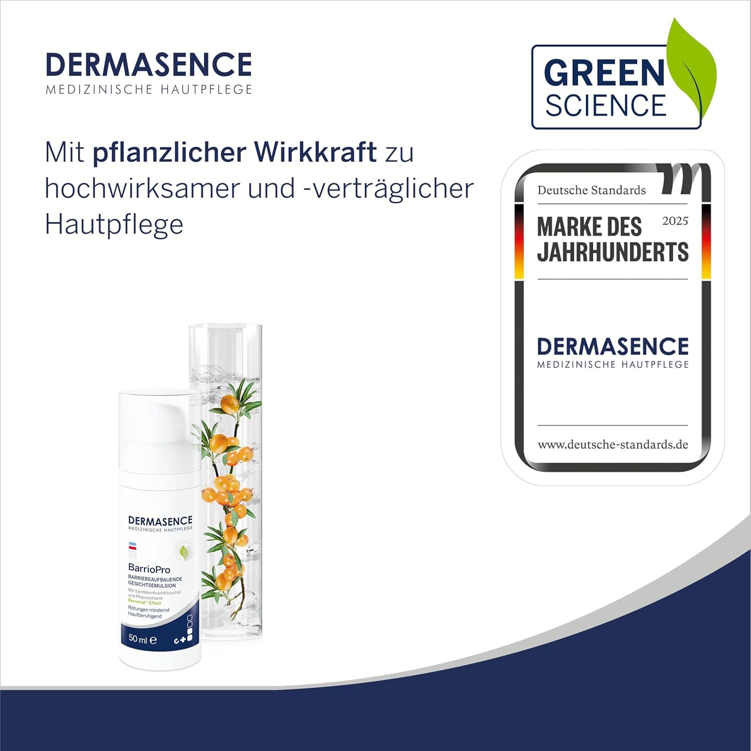 Zwei Flaschen DERMASENCE, eine mit Pumpe, die andere transparent mit Pflanzen. Logo und Auszeichnung 'Marke des Jahrhunderts'.
